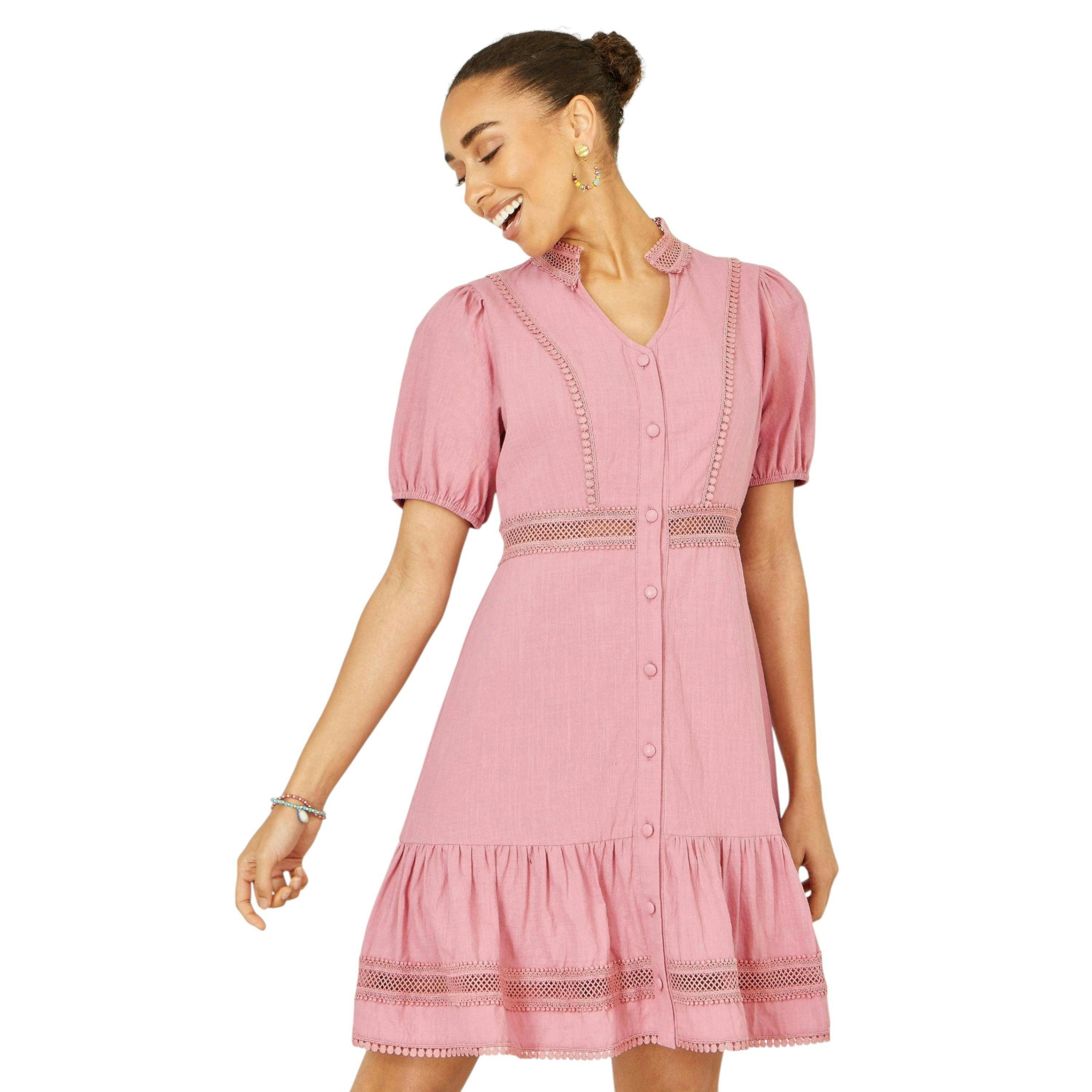 Yumi Pink Cotton Lace Trim Skater Shirt Dress , view 1 of 6