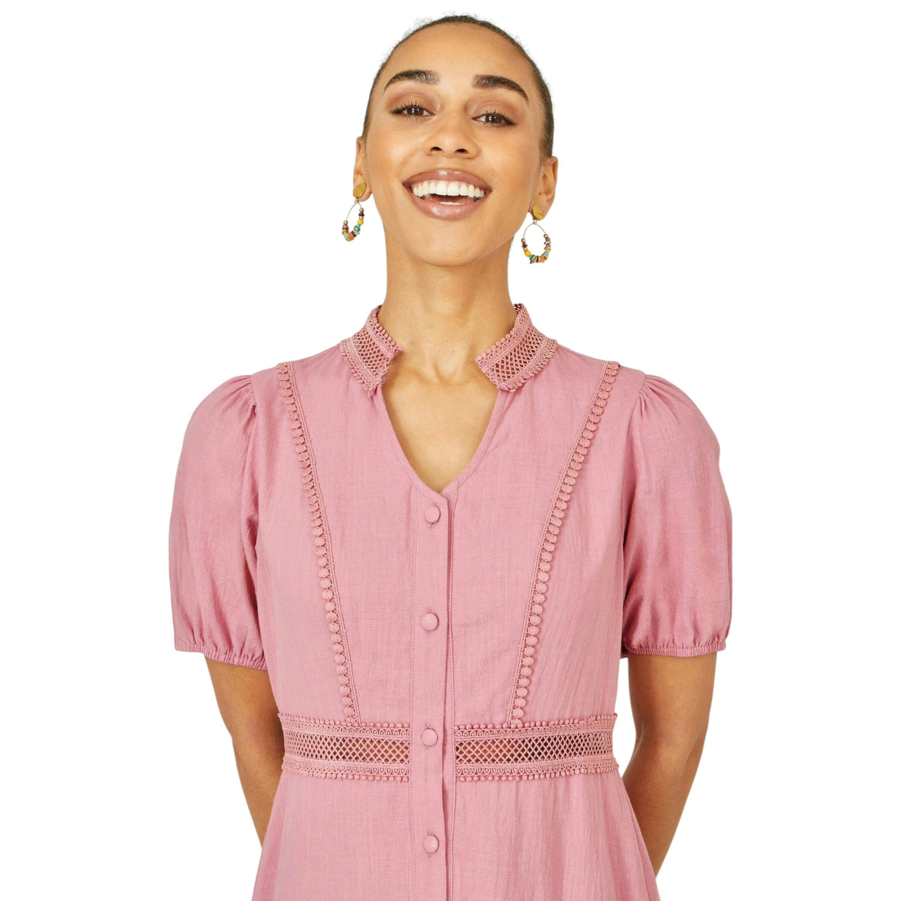 Yumi Pink Cotton Lace Trim Skater Shirt Dress , view 2 of 6