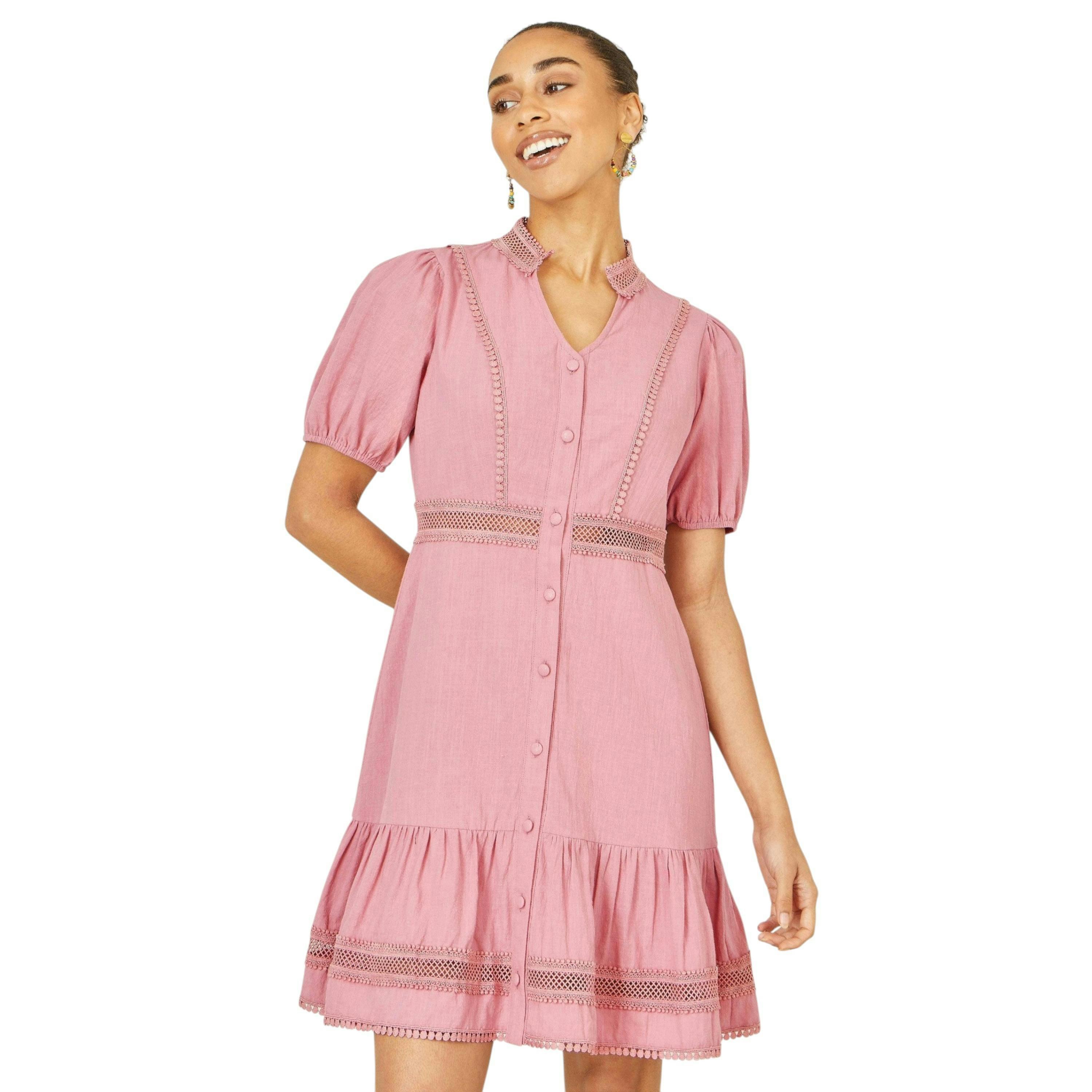 Yumi Pink Cotton Lace Trim Skater Shirt Dress , view 3 of 6