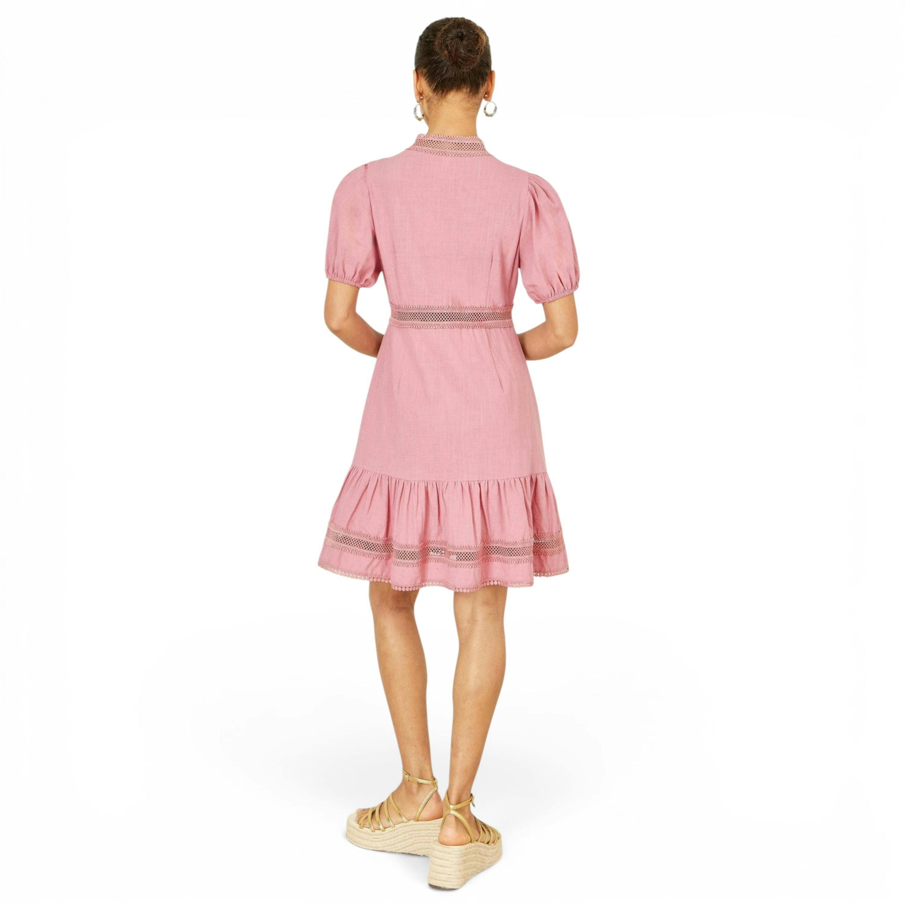 Yumi Pink Cotton Lace Trim Skater Shirt Dress , view 4 of 6