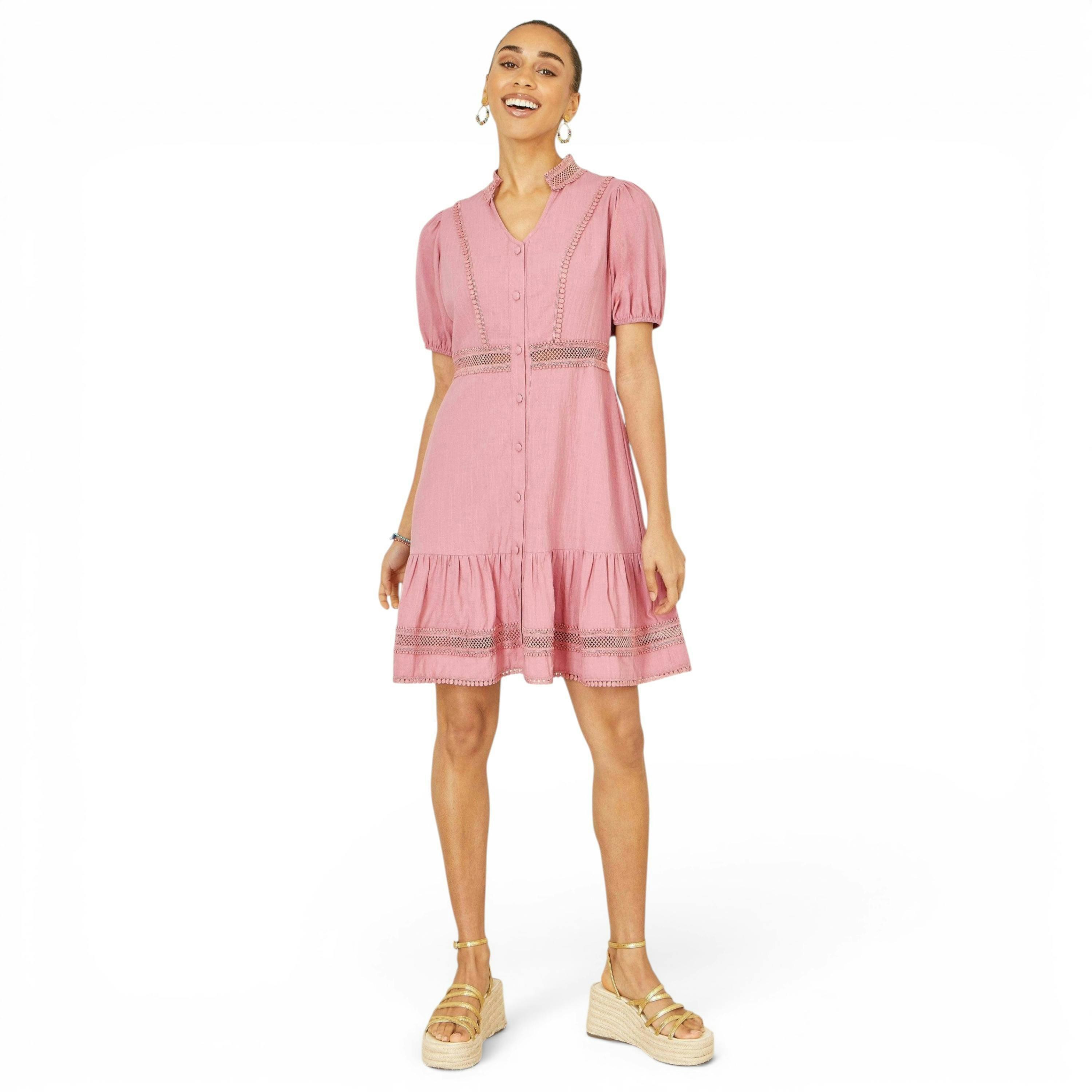 Yumi Pink Cotton Lace Trim Skater Shirt Dress , view 5 of 6