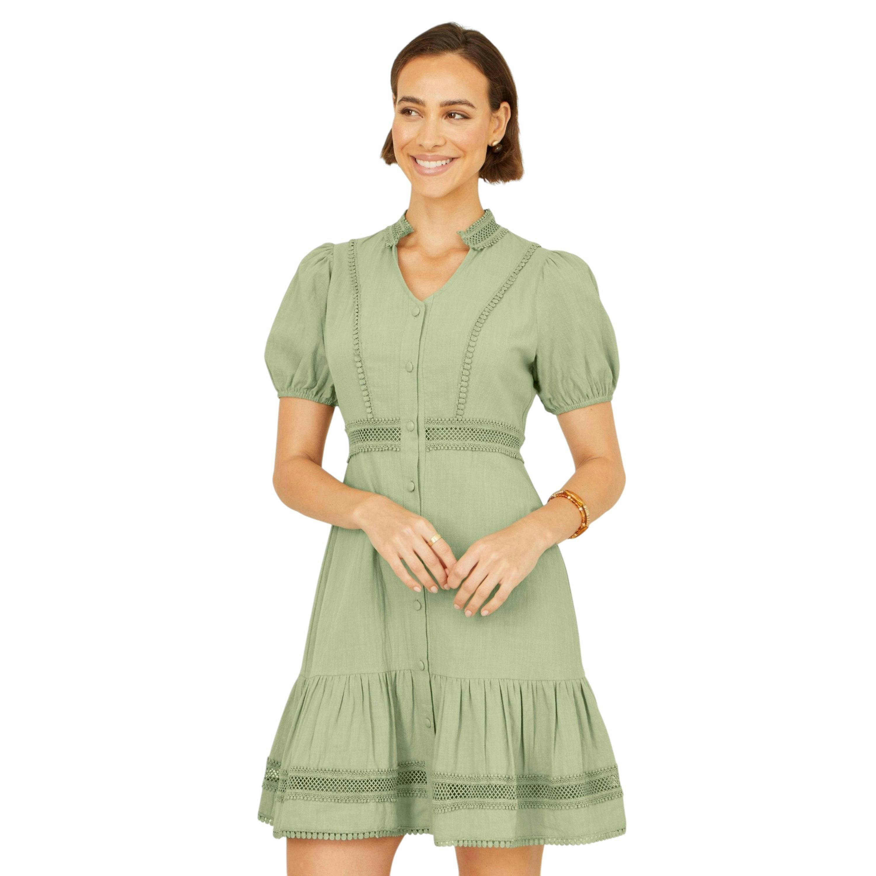 Yumi Green Cotton Lace Trim Skater Shirt Dress , view 1 of 6