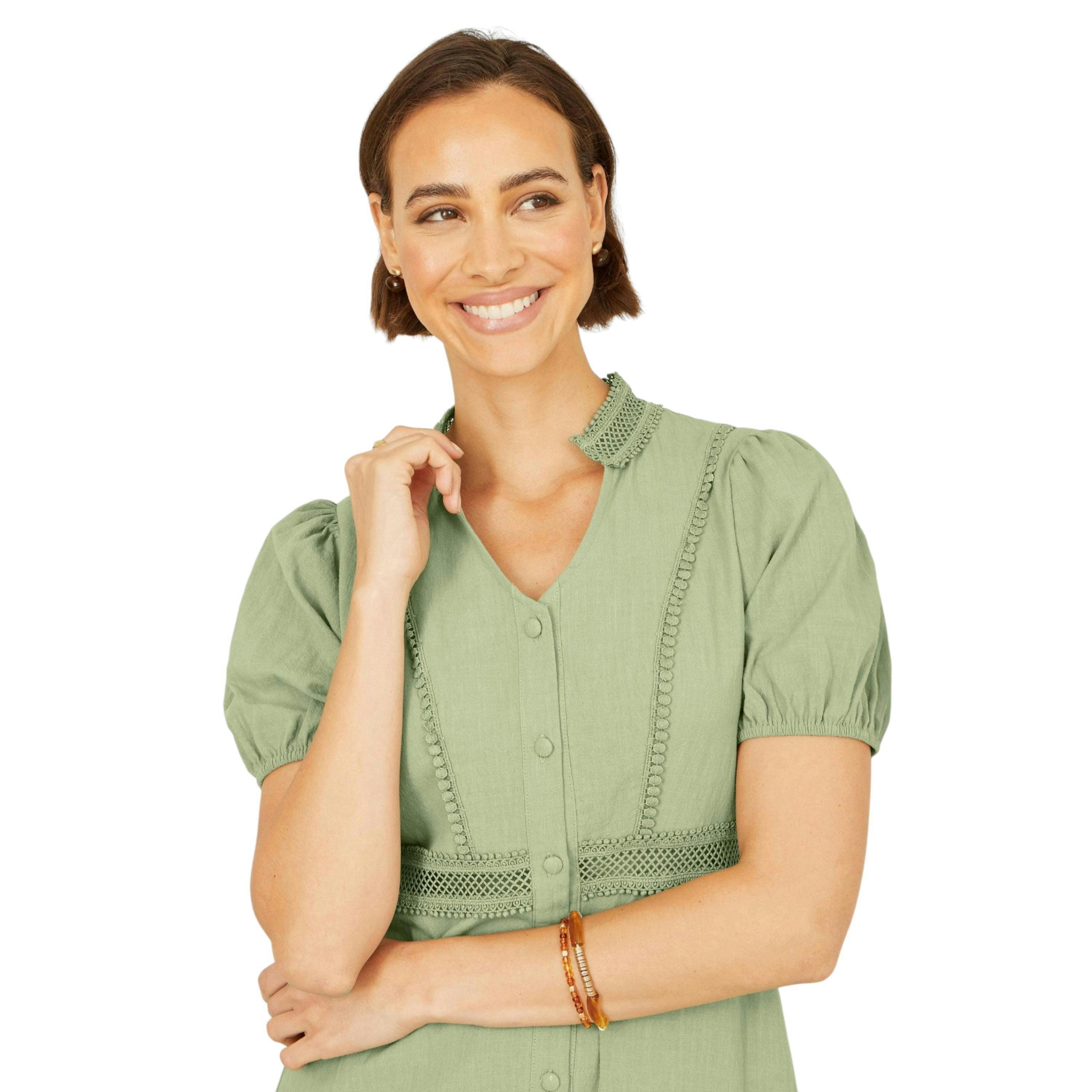 Yumi Green Cotton Lace Trim Skater Shirt Dress , view 2 of 6