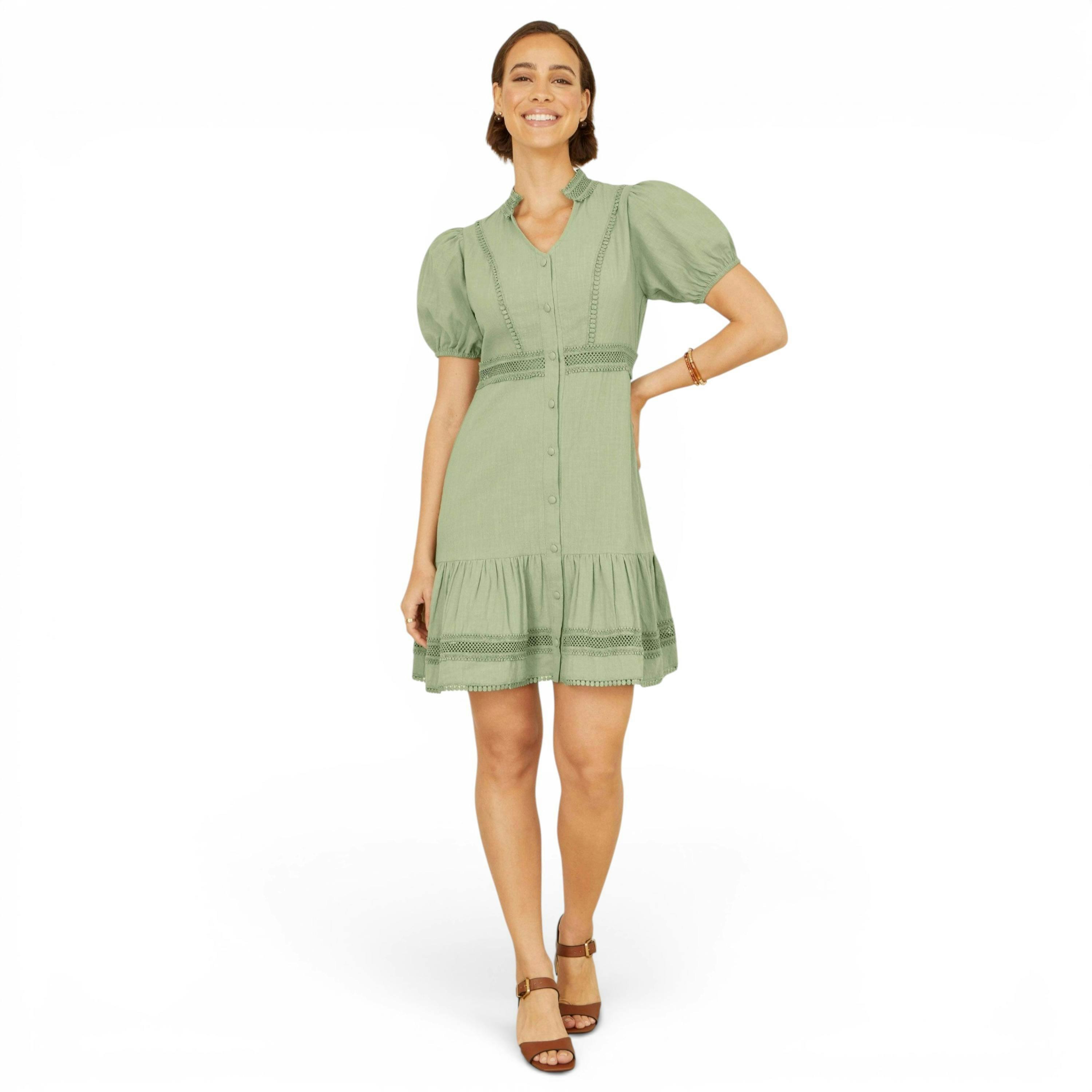 Yumi Green Cotton Lace Trim Skater Shirt Dress , view 3 of 6