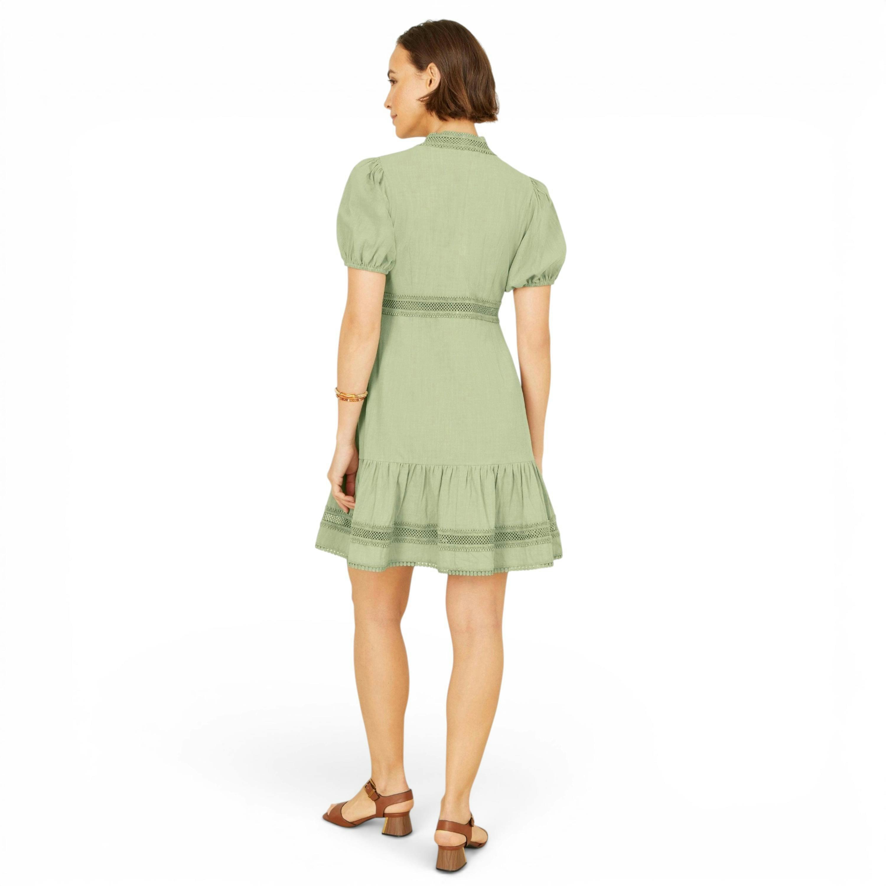 Yumi Green Cotton Lace Trim Skater Shirt Dress , view 4 of 6