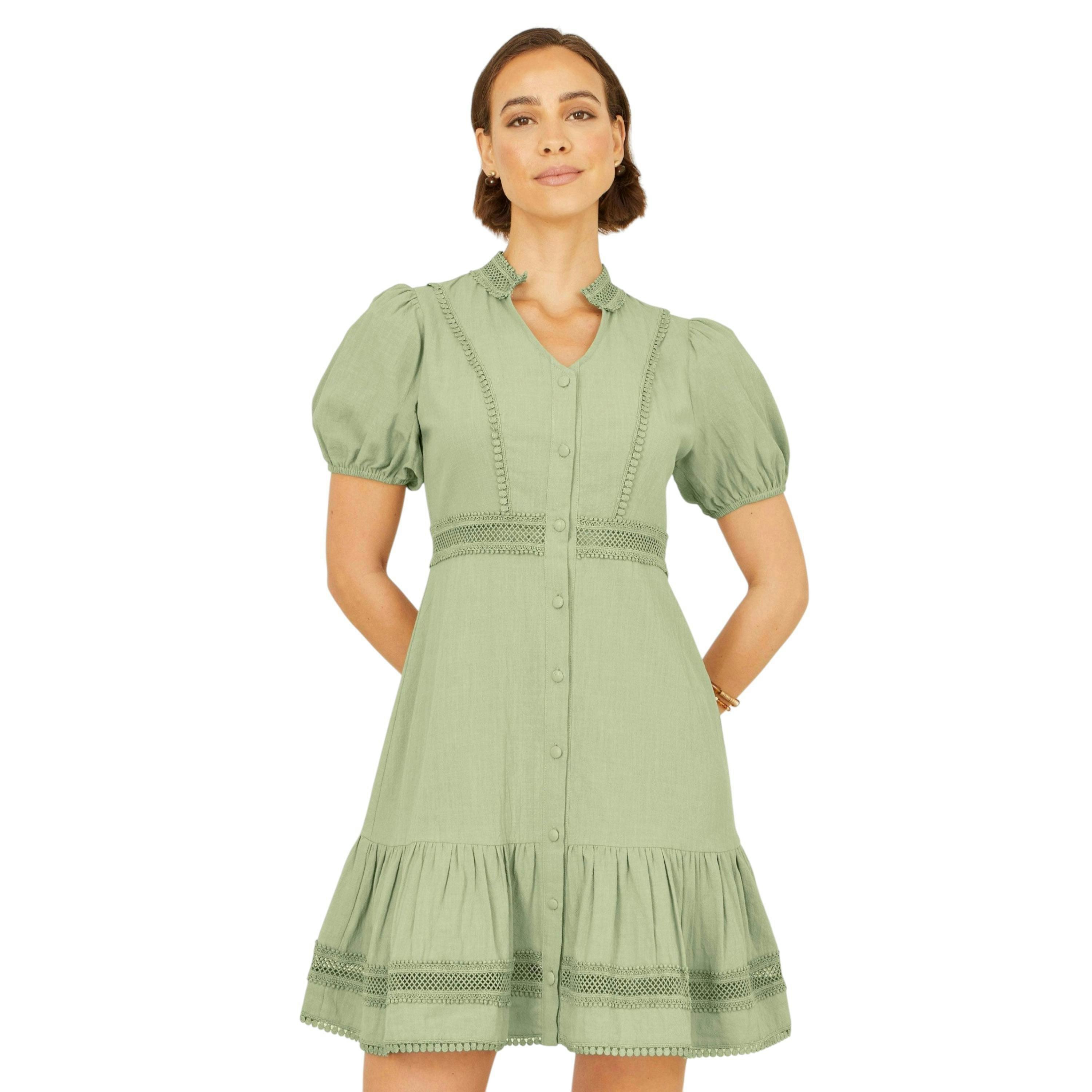 Yumi Green Cotton Lace Trim Skater Shirt Dress , view 5 of 6