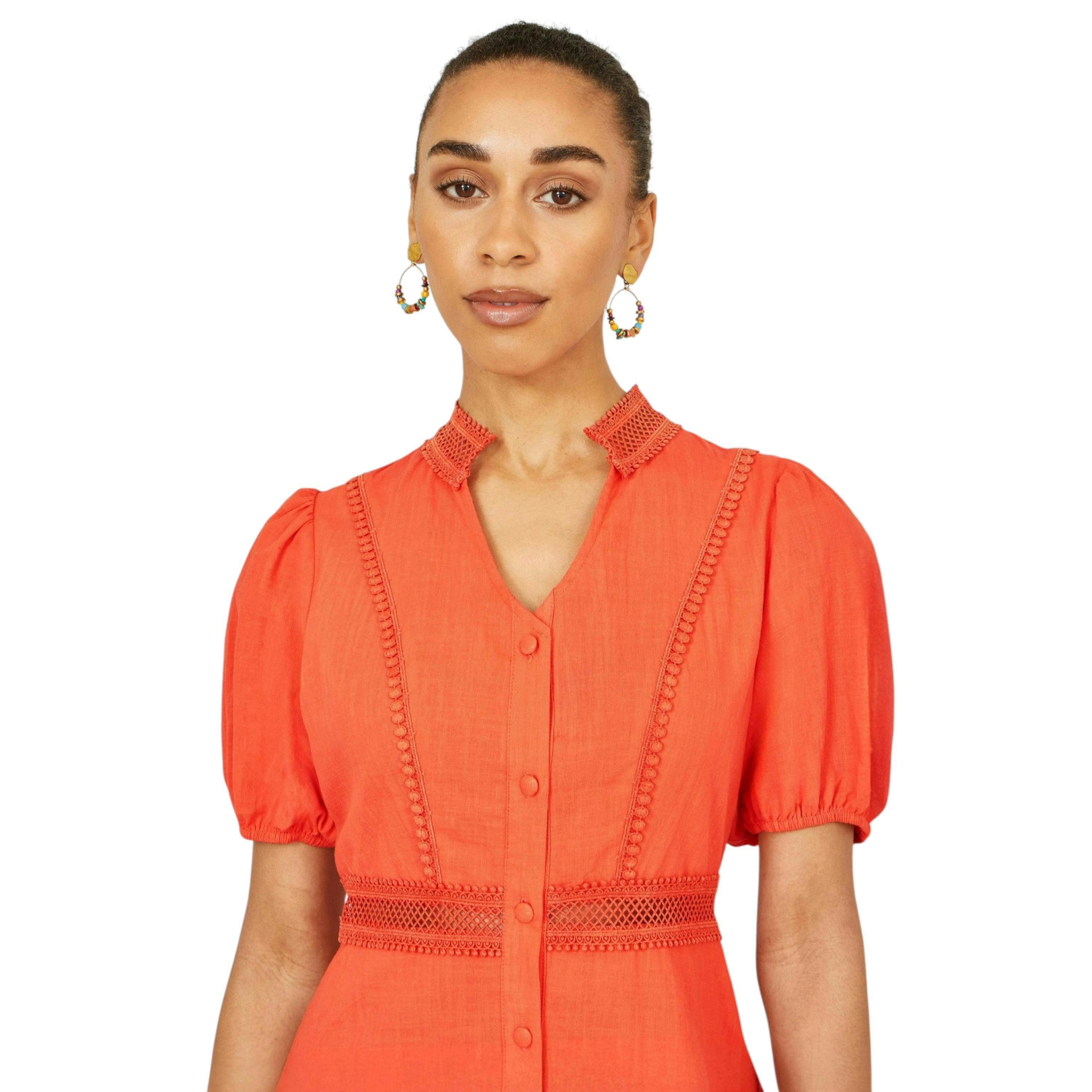 Yumi Orange Cotton Lace Trim Skater Shirt Dress , view 2 of 6
