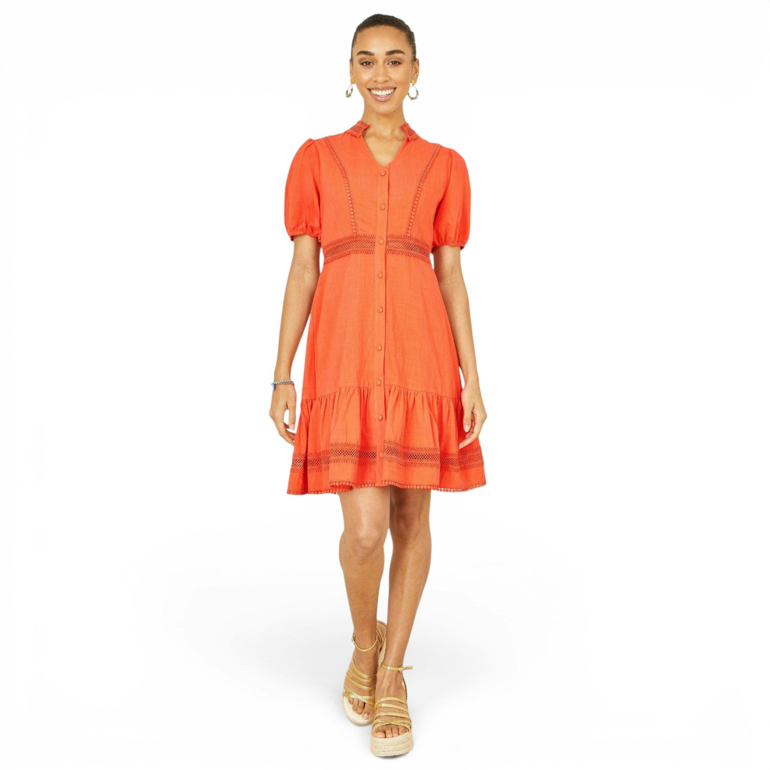 Yumi Orange Cotton Lace Trim Skater Shirt Dress , view 3 of 6