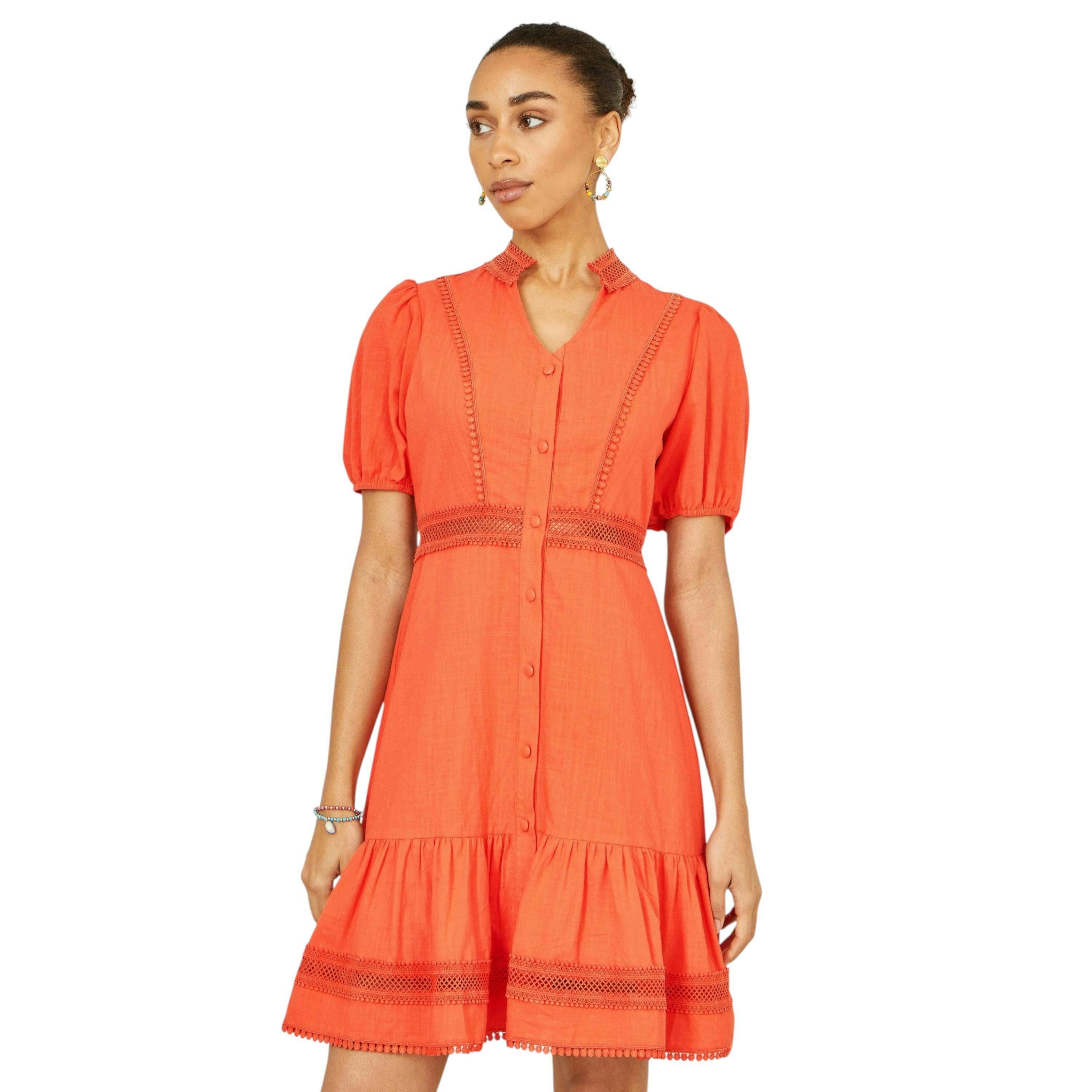 Yumi Orange Cotton Lace Trim Skater Shirt Dress , view 5 of 6