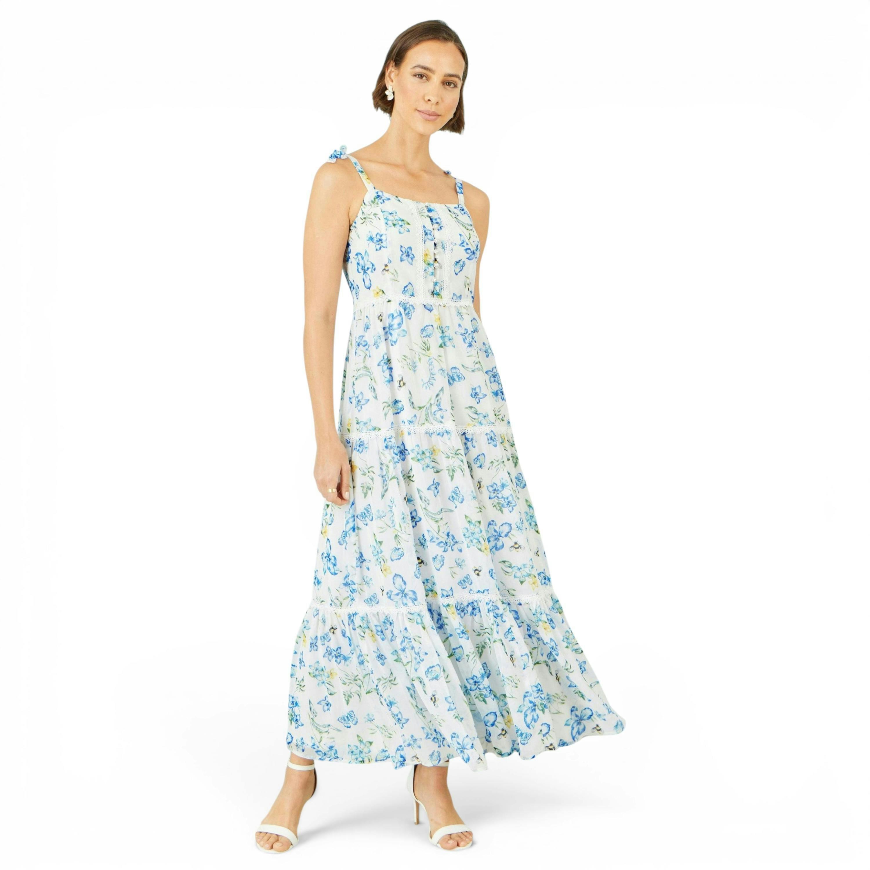 Yumi White Butterfly Print Lace Trim Maxi Dress , view 1 of 6