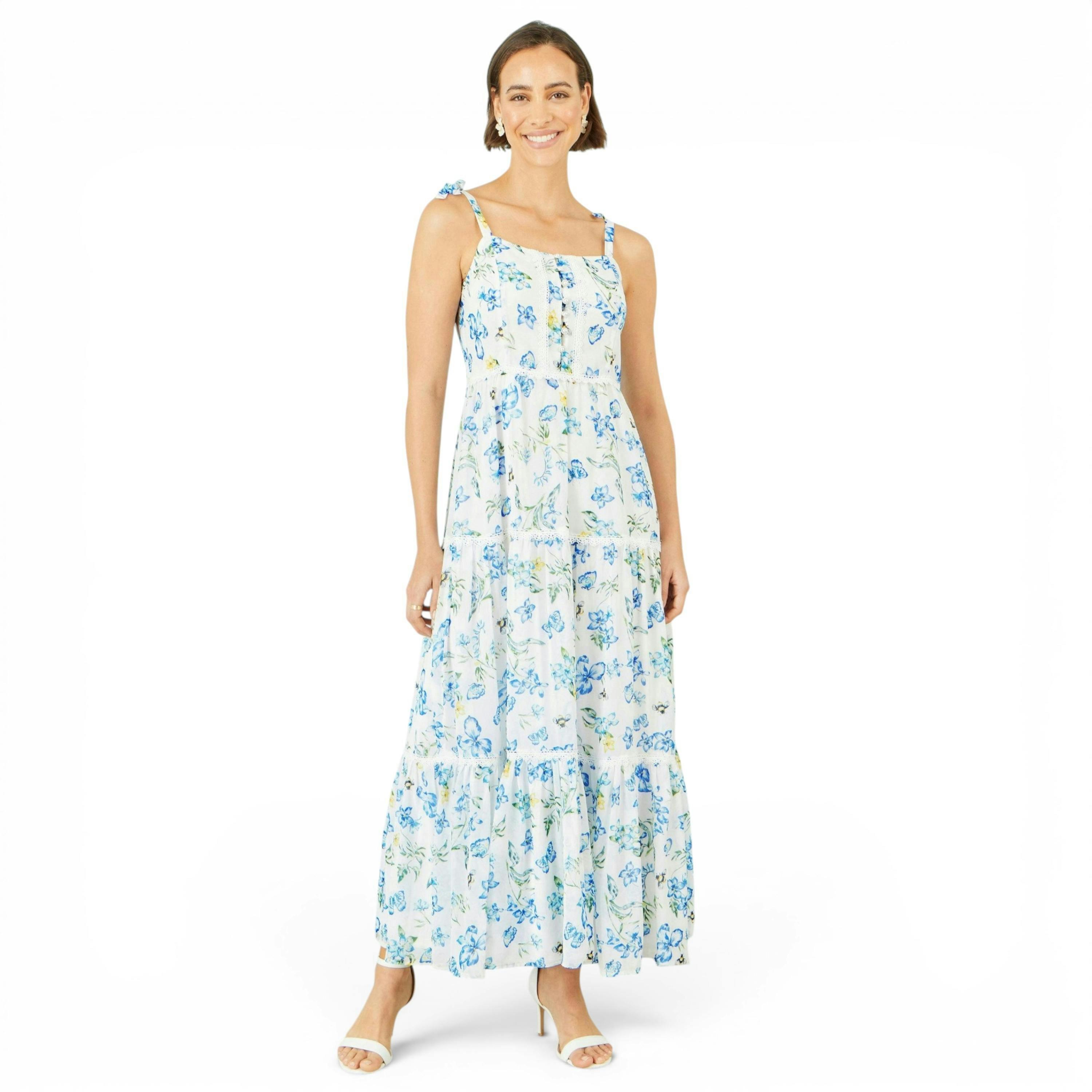 Yumi White Butterfly Print Lace Trim Maxi Dress , view 3 of 6