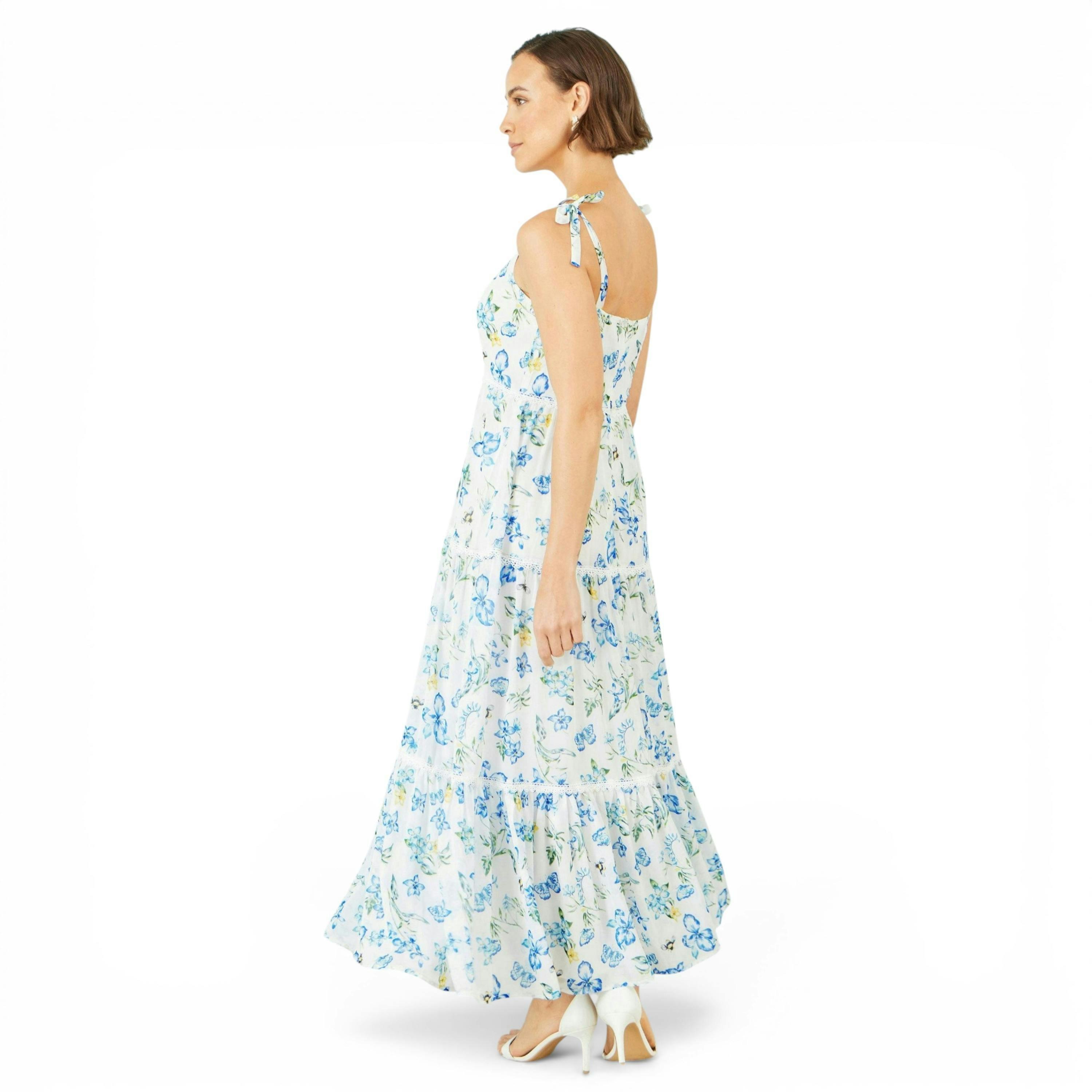 Yumi White Butterfly Print Lace Trim Maxi Dress , view 4 of 6