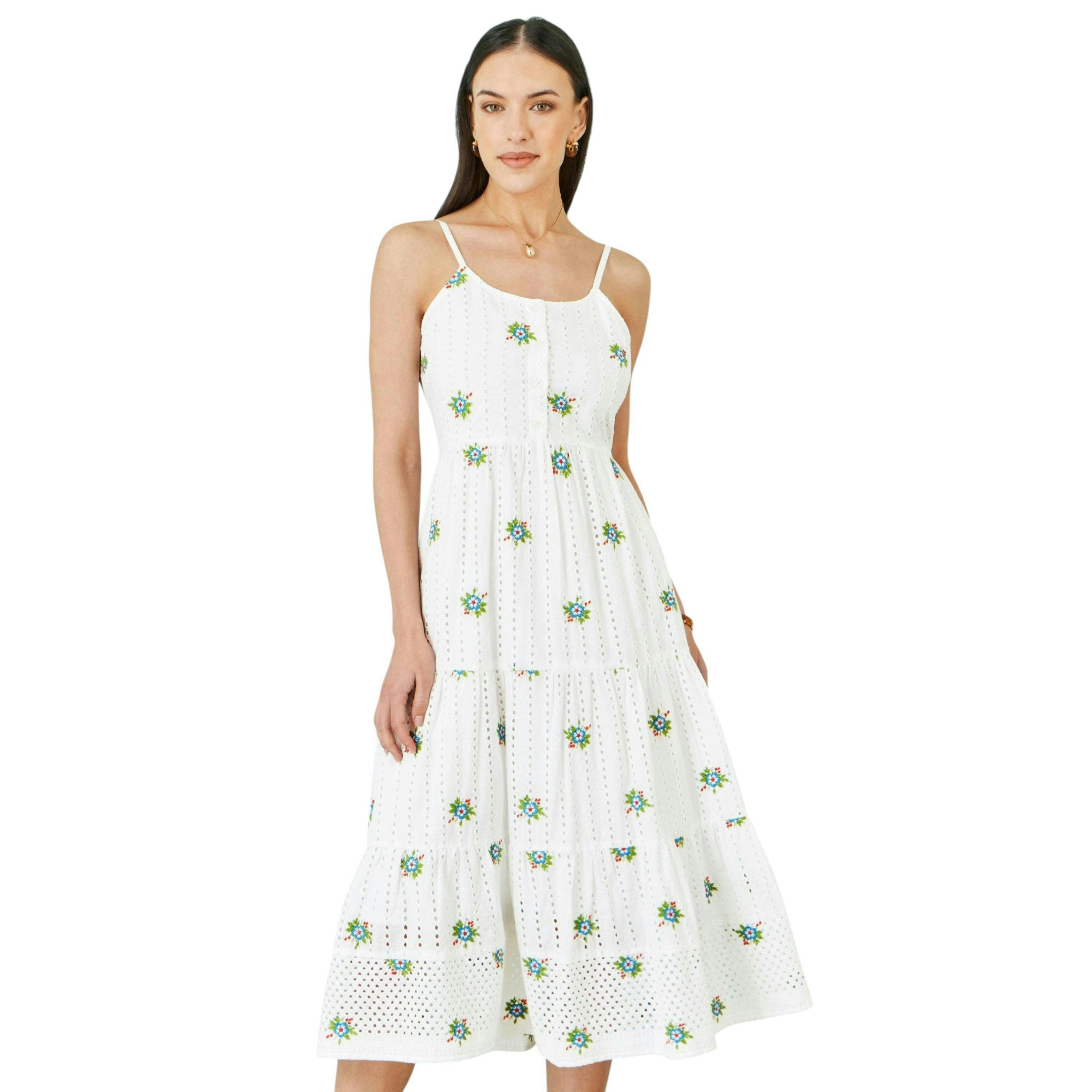 Yumi White Cotton Embroidered Broderie Anglaise Midi Sun Dress , view 1 of 6