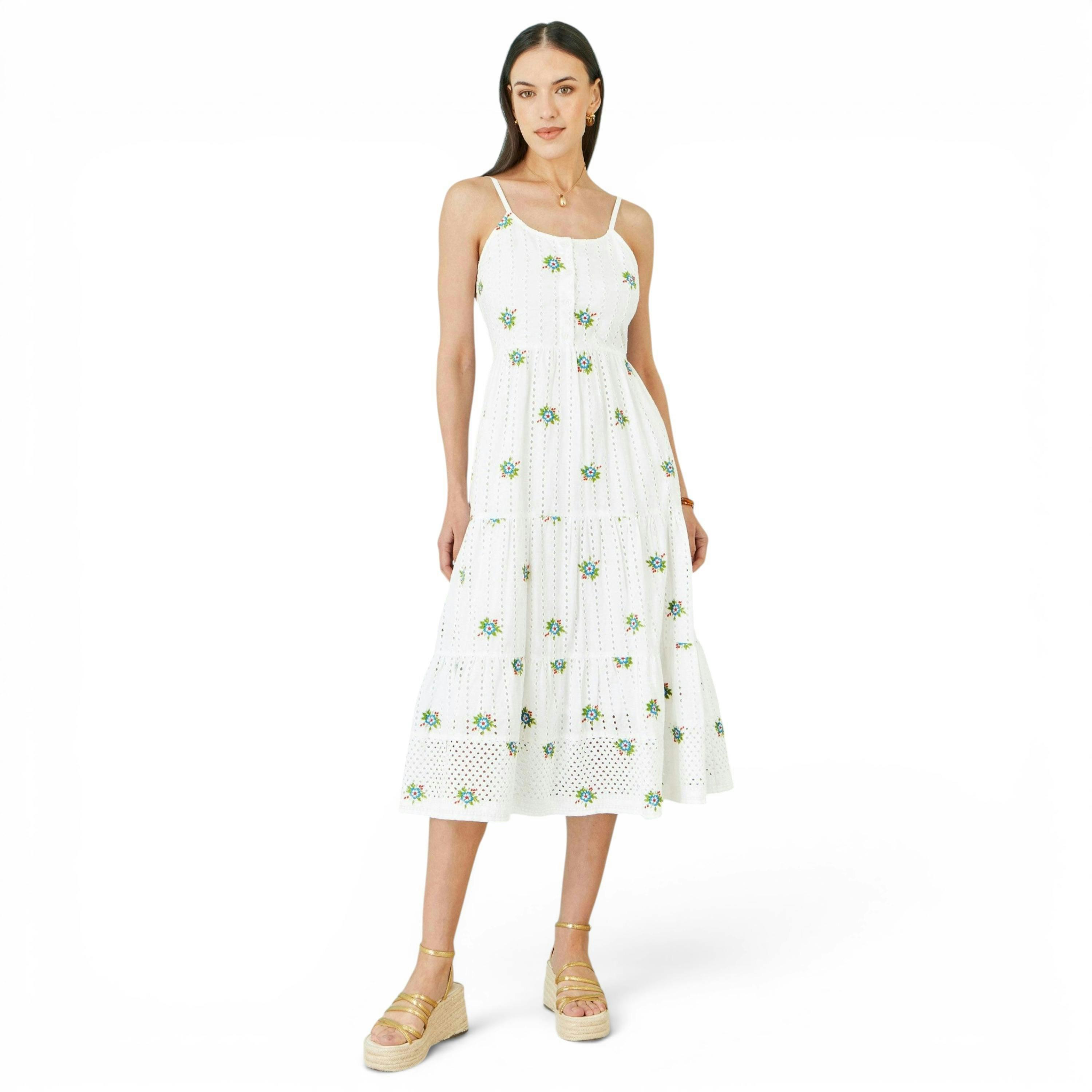 Yumi White Cotton Embroidered Broderie Anglaise Midi Sun Dress , view 3 of 6