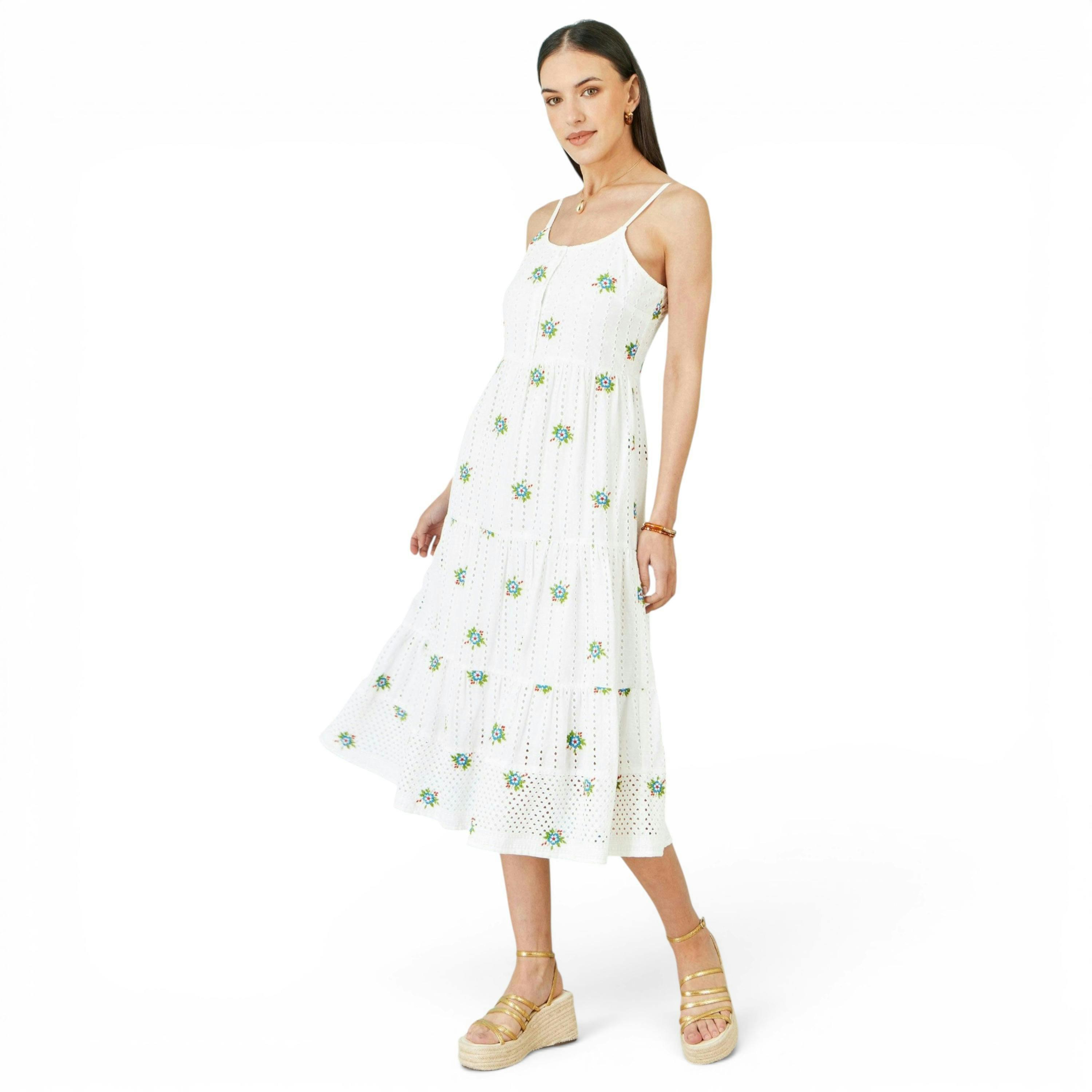 Yumi White Cotton Embroidered Broderie Anglaise Midi Sun Dress , view 4 of 6