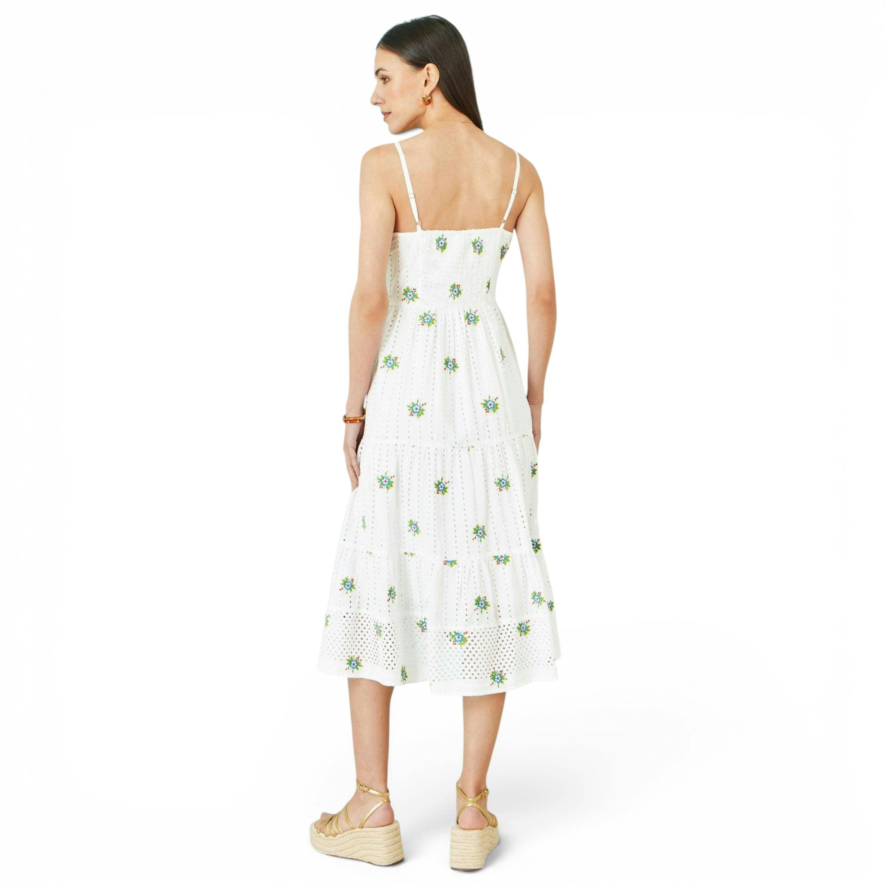 Yumi White Cotton Embroidered Broderie Anglaise Midi Sun Dress , view 5 of 6