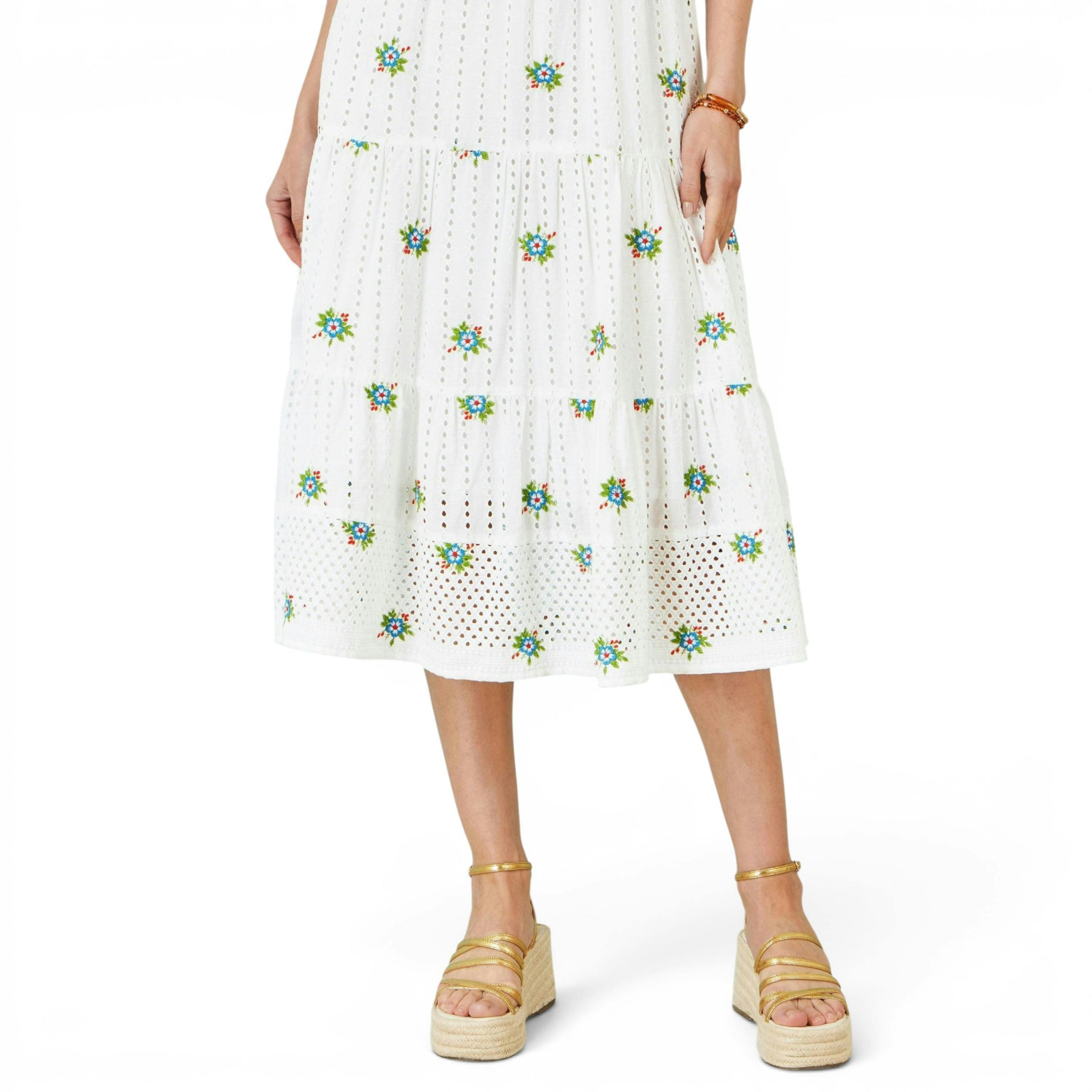 Yumi White Cotton Embroidered Broderie Anglaise Midi Sun Dress , view 6 of 6