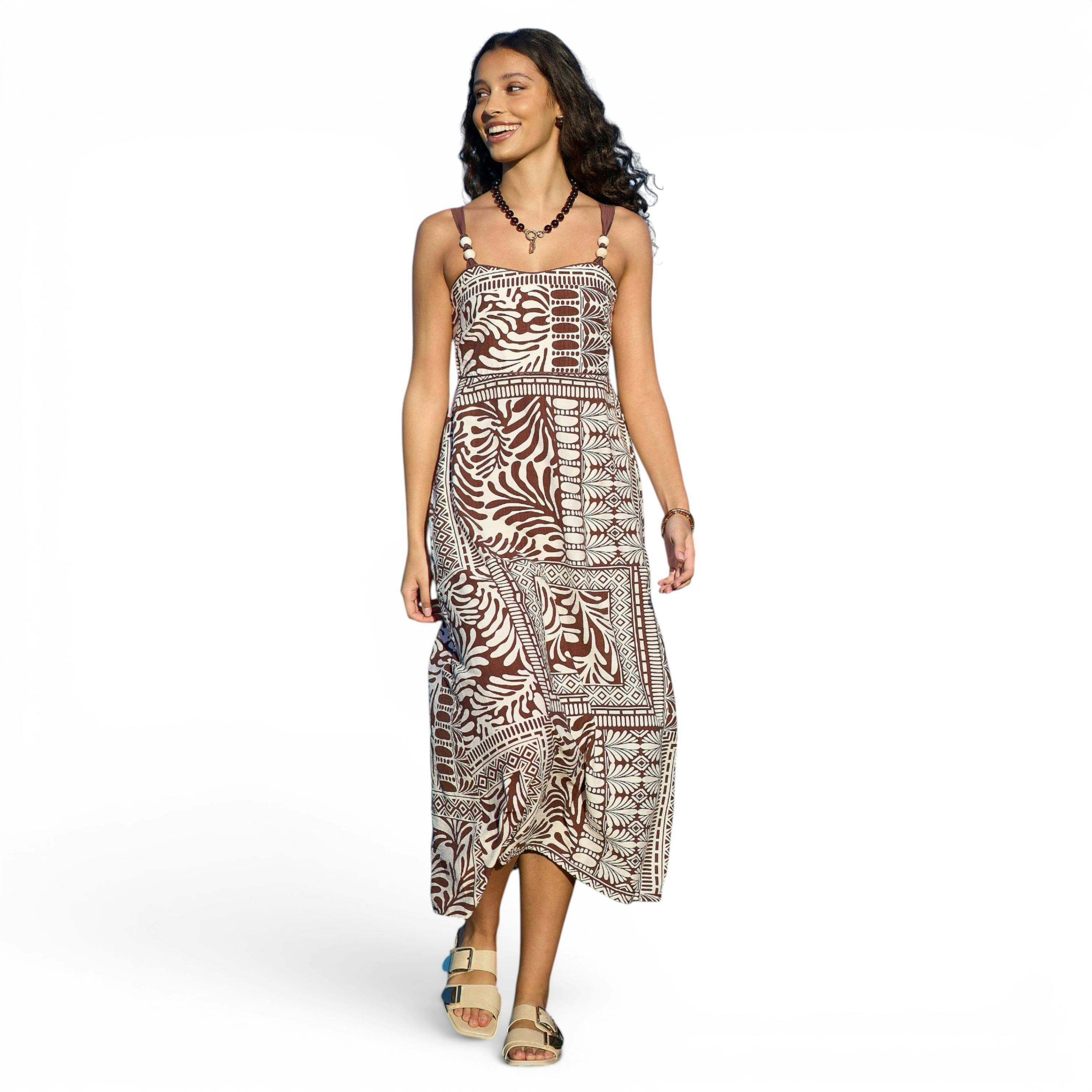Yumi Brown Tile Print Maxi Dress With Bead Details , view 1 of 6