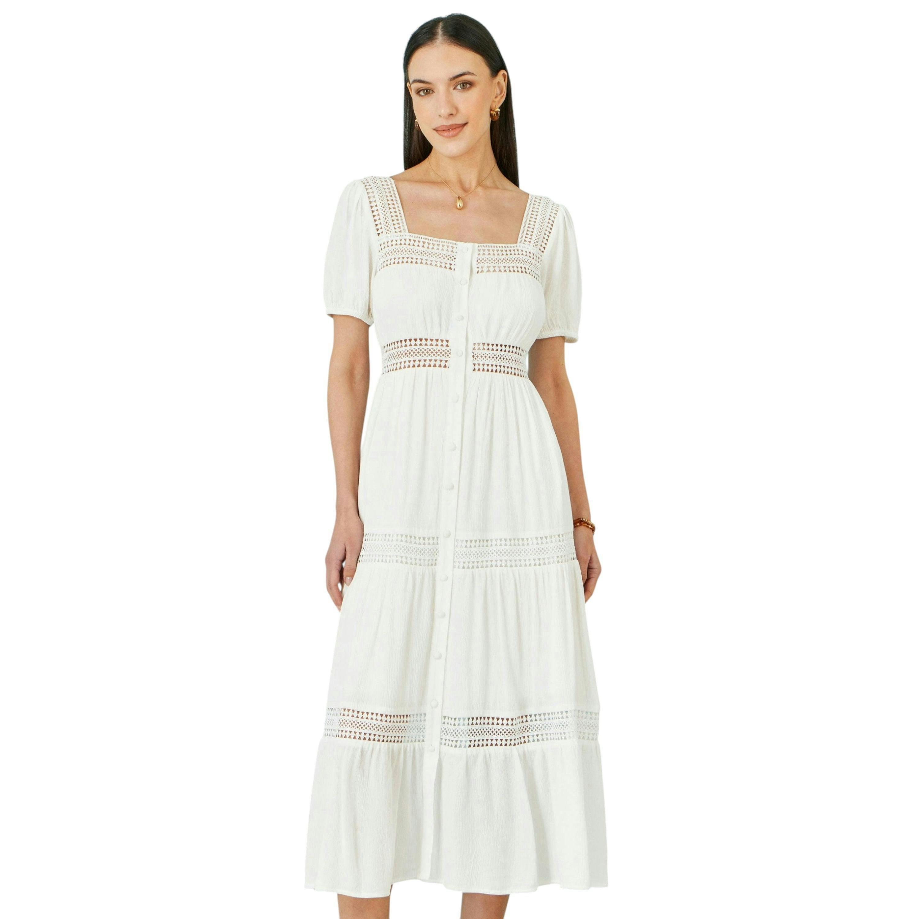 Yumi White Cotton Square Neckline Lace Midi Dress , view 1 of 6