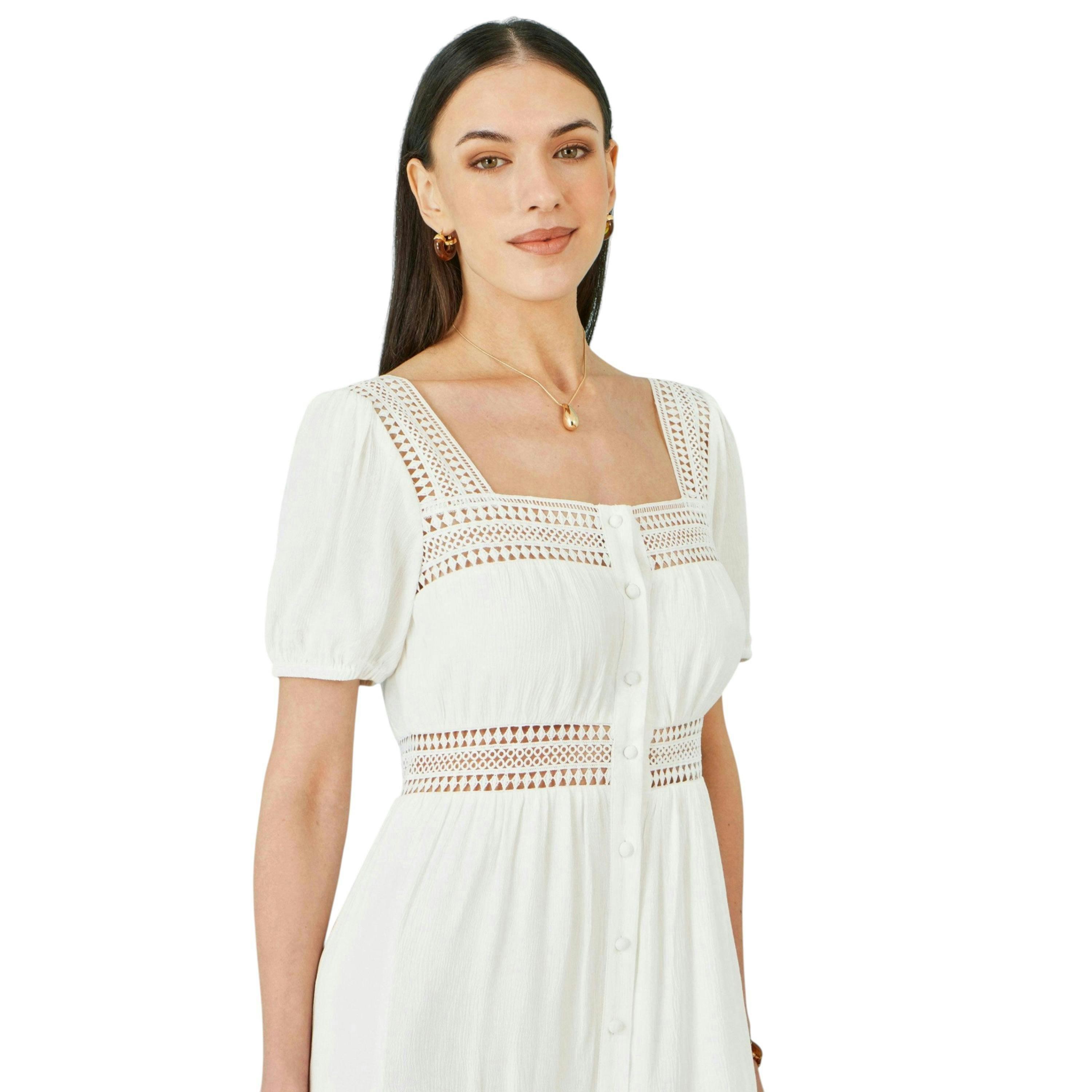 Yumi White Cotton Square Neckline Lace Midi Dress , view 2 of 6