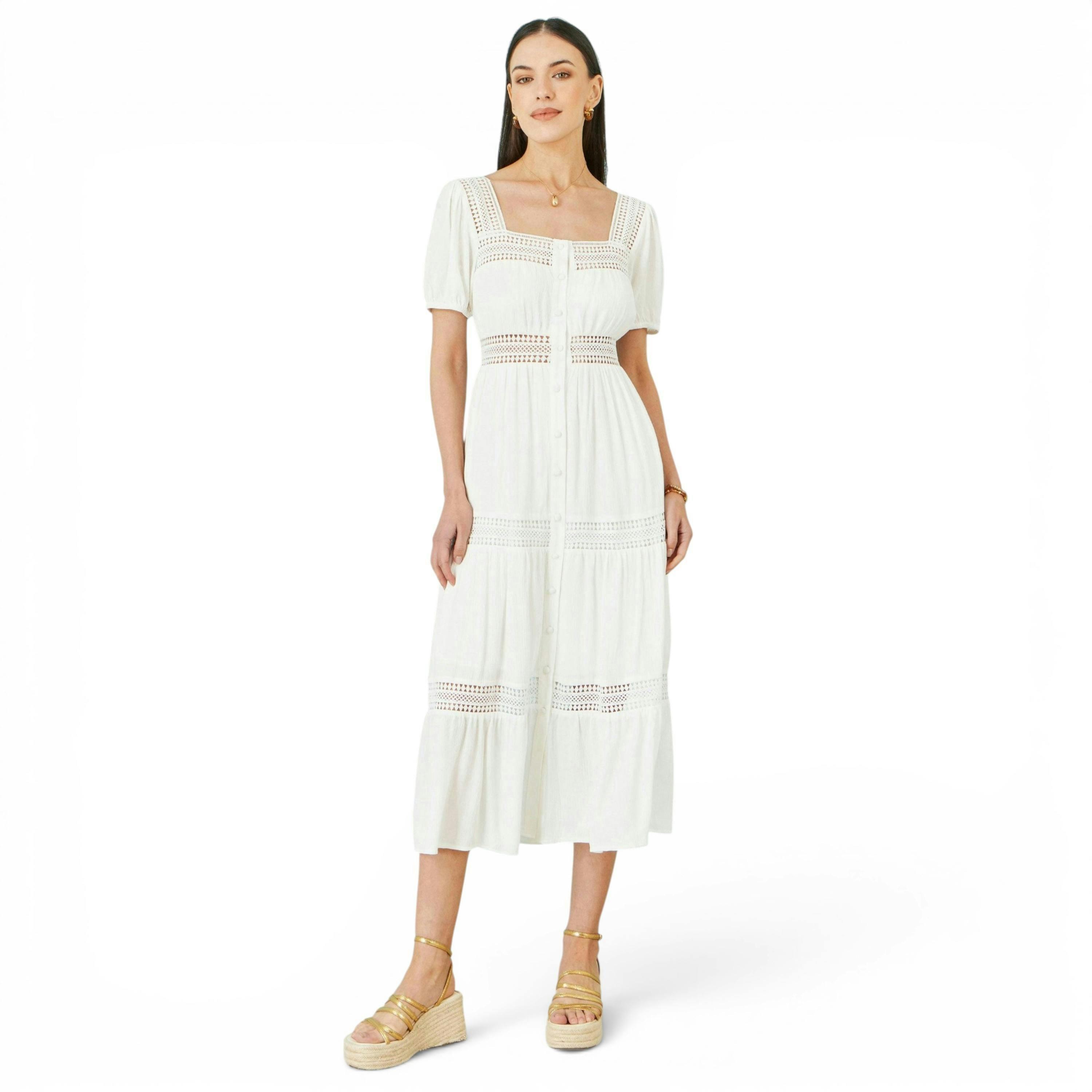 Yumi White Cotton Square Neckline Lace Midi Dress , view 3 of 6