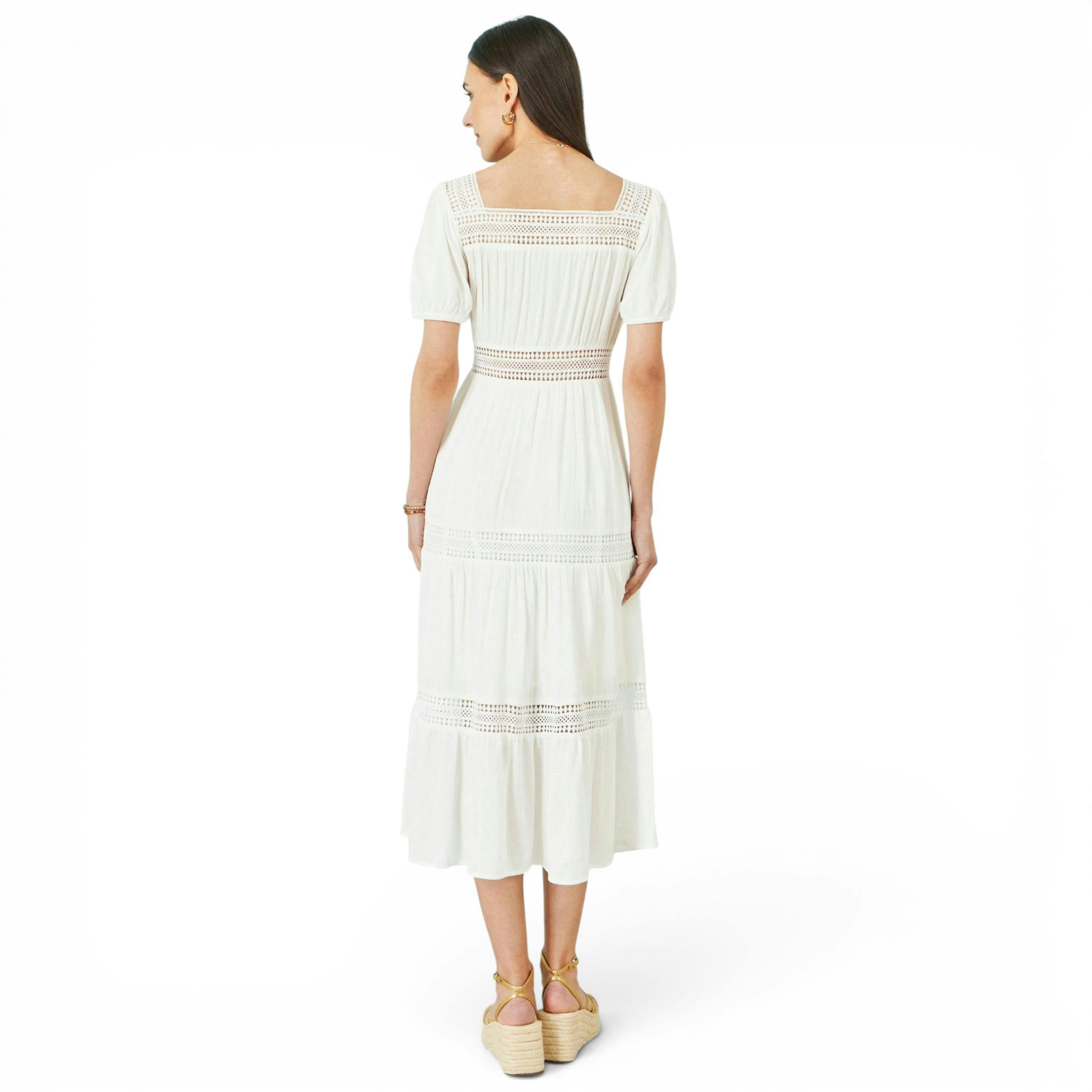 Yumi White Cotton Square Neckline Lace Midi Dress , view 4 of 6