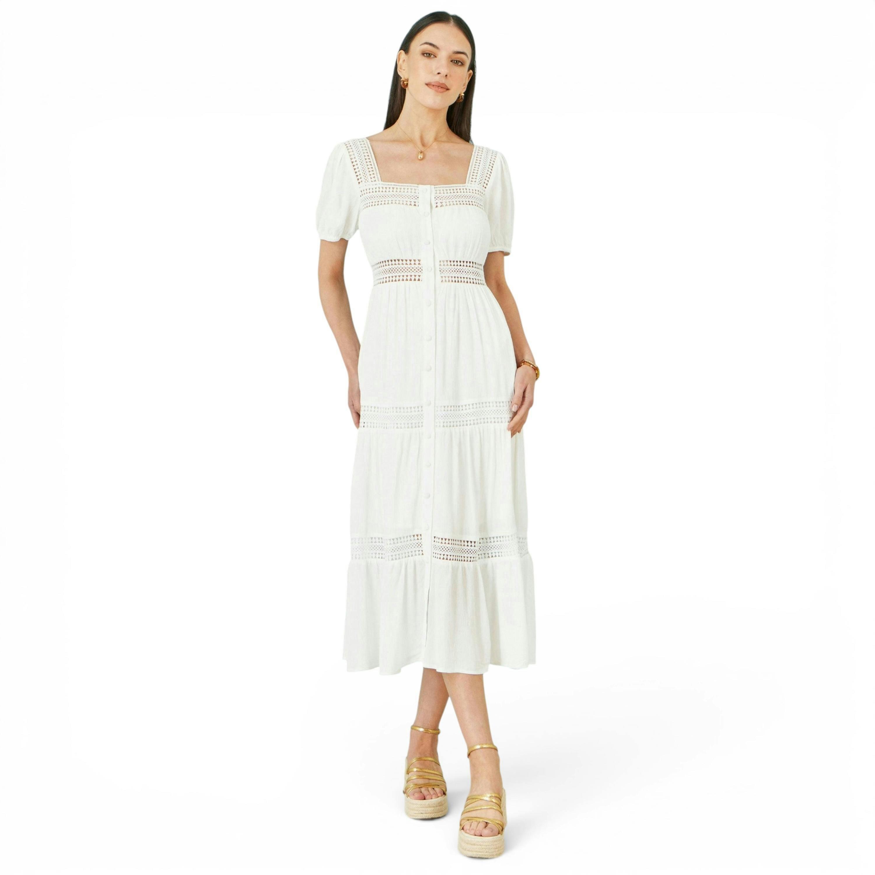 Yumi White Cotton Square Neckline Lace Midi Dress , view 5 of 6