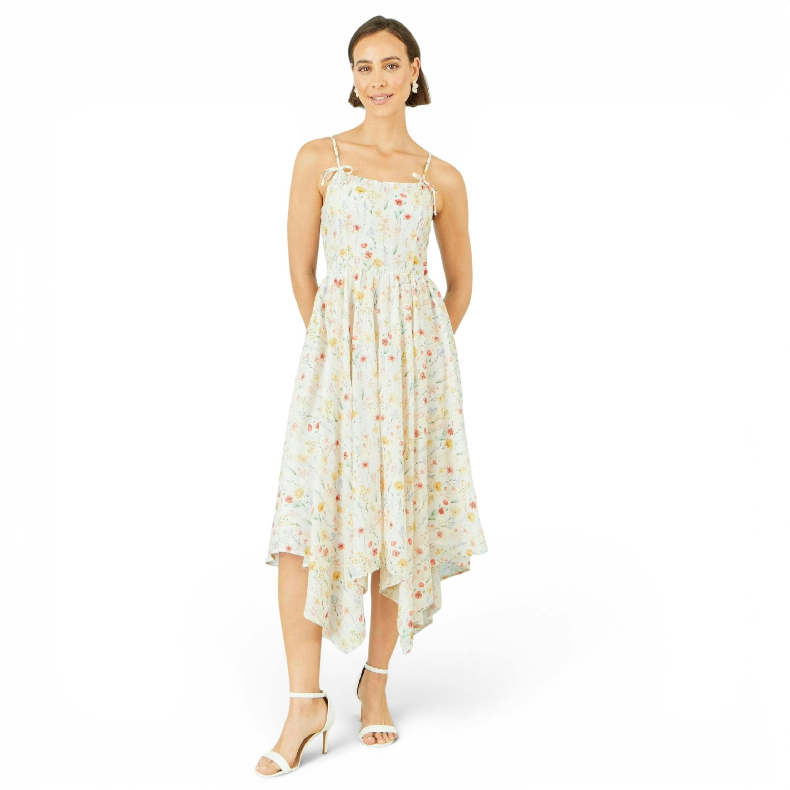 Yumi White Botanical Embroidery Fabric Handkerchief Hem Dress , view 3 of 6