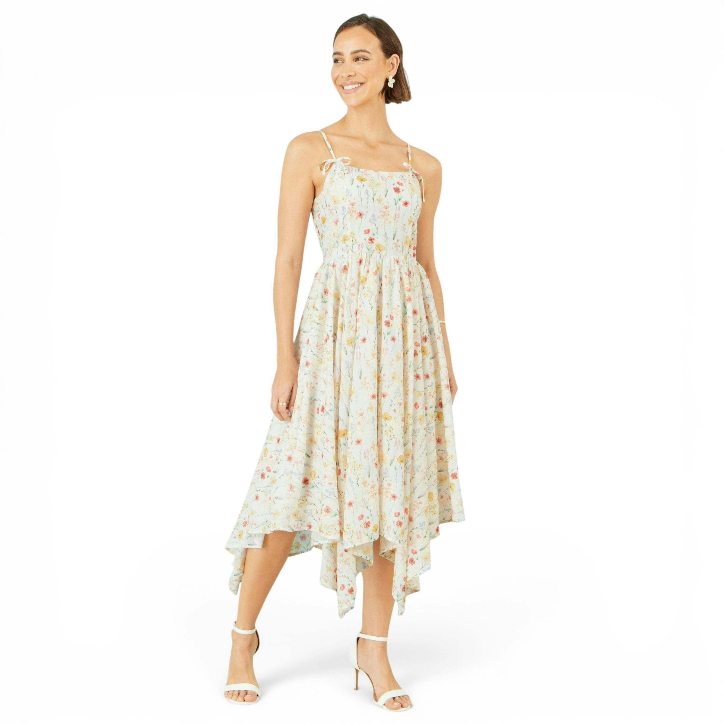 Yumi White Botanical Embroidery Fabric Handkerchief Hem Dress , view 5 of 6