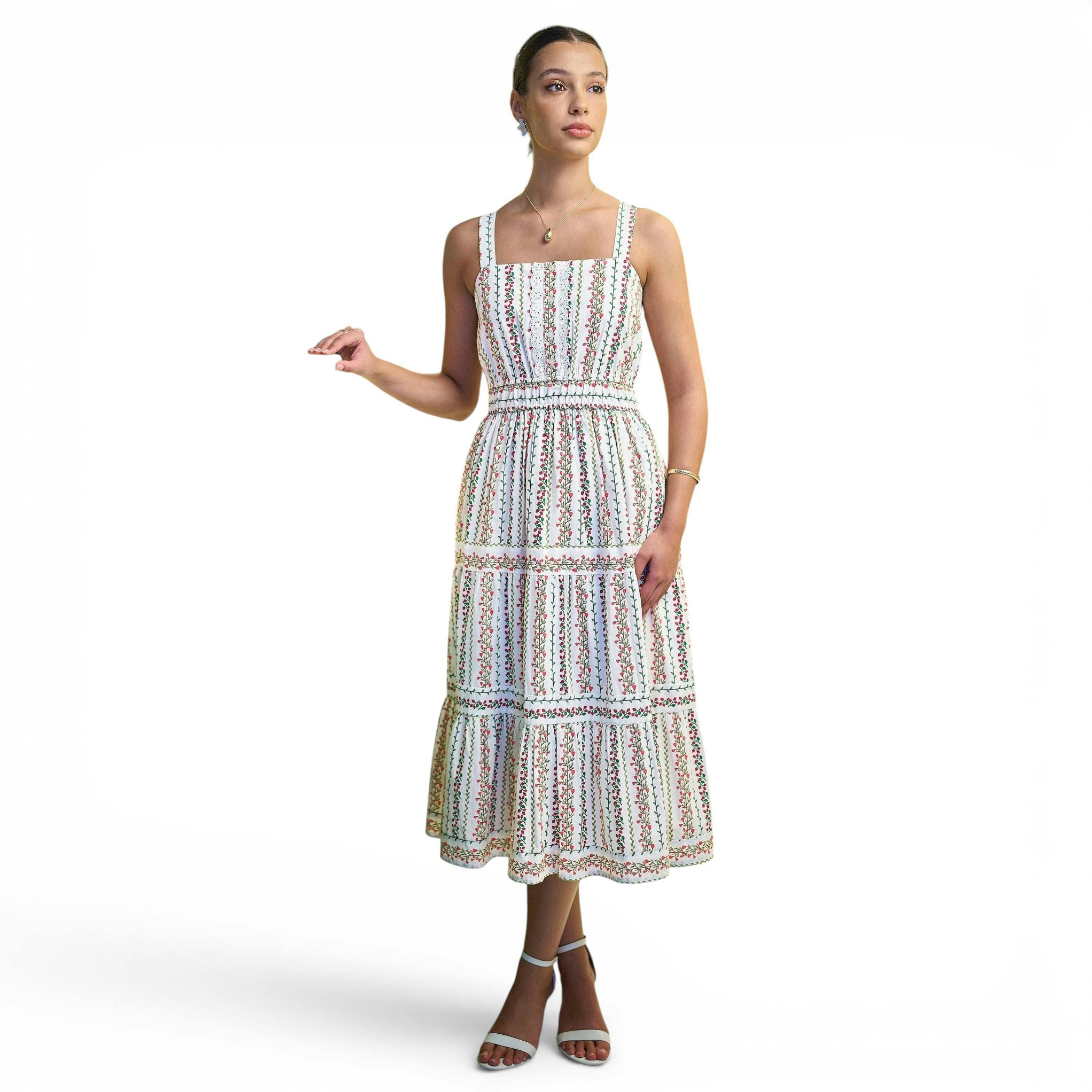 Yumi White Botanical Stripe Midi Dress With Lace Trims , view 1 of 6