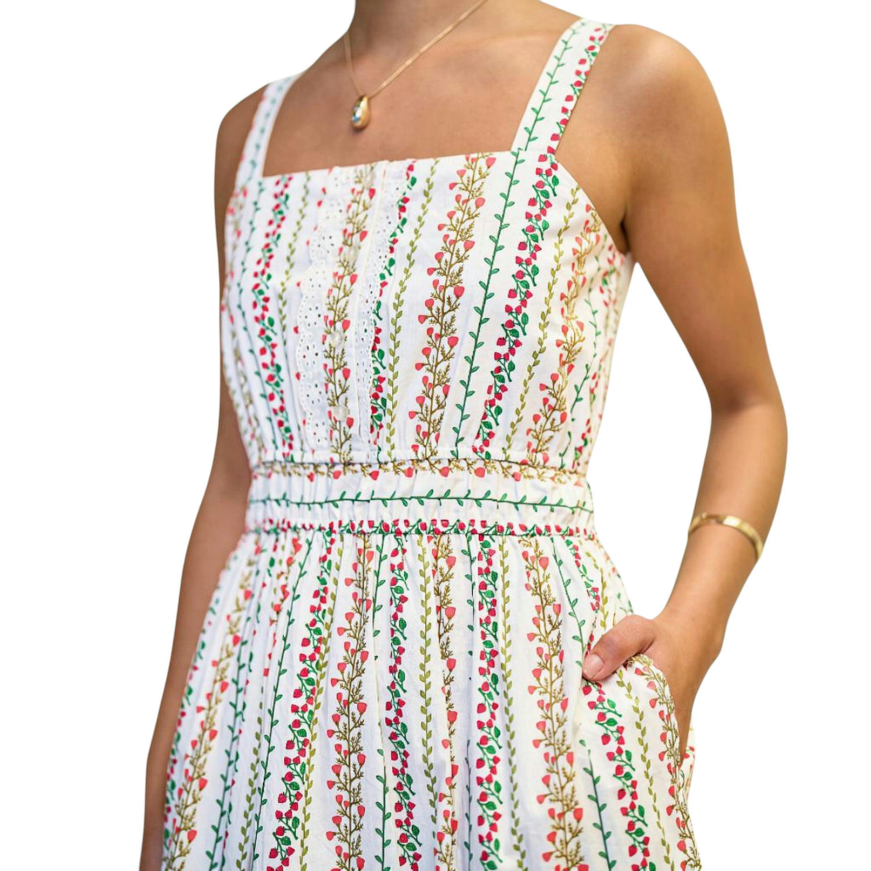 Yumi White Botanical Stripe Midi Dress With Lace Trims , view 2 of 6