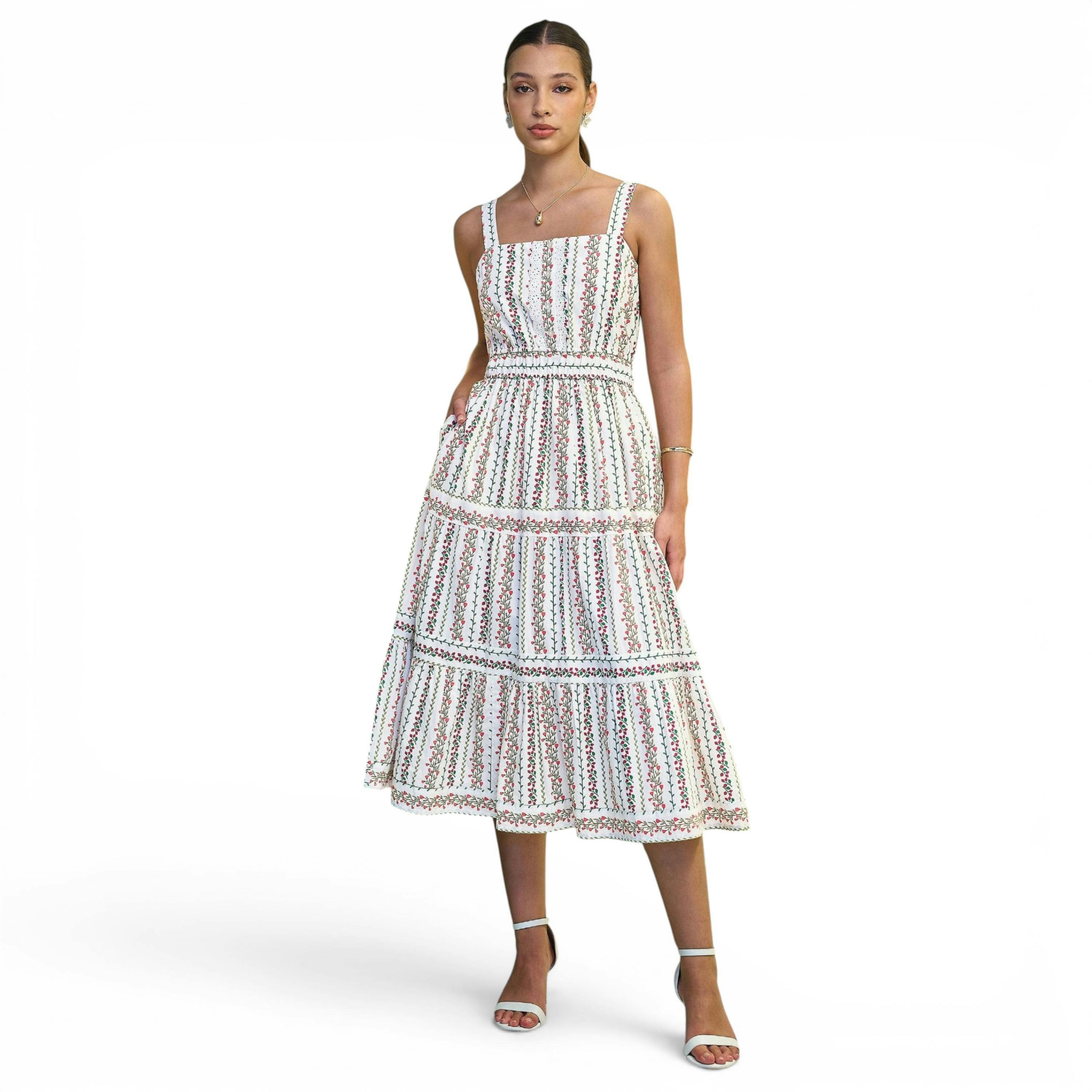 Yumi White Botanical Stripe Midi Dress With Lace Trims , view 3 of 6