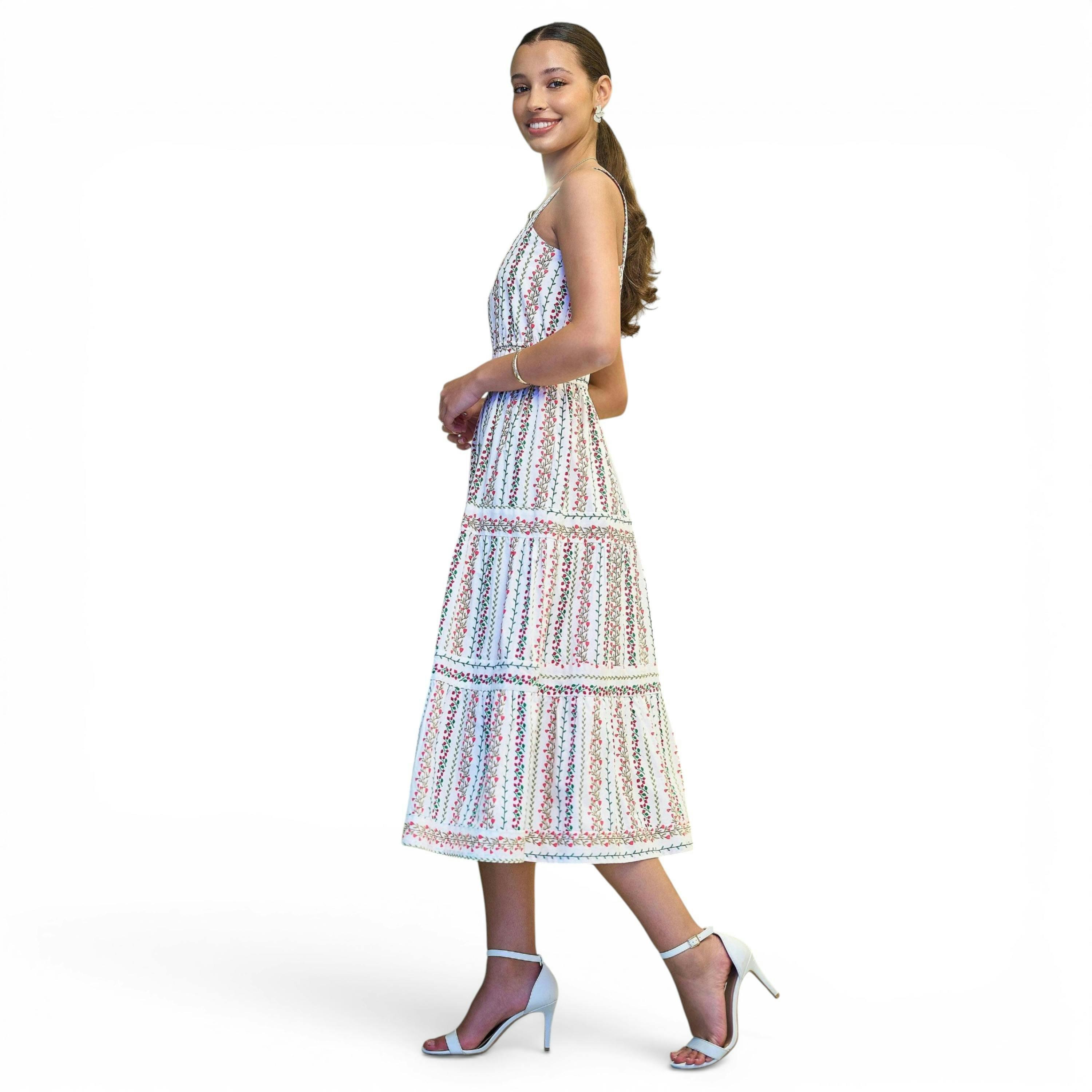 Yumi White Botanical Stripe Midi Dress With Lace Trims , view 4 of 6