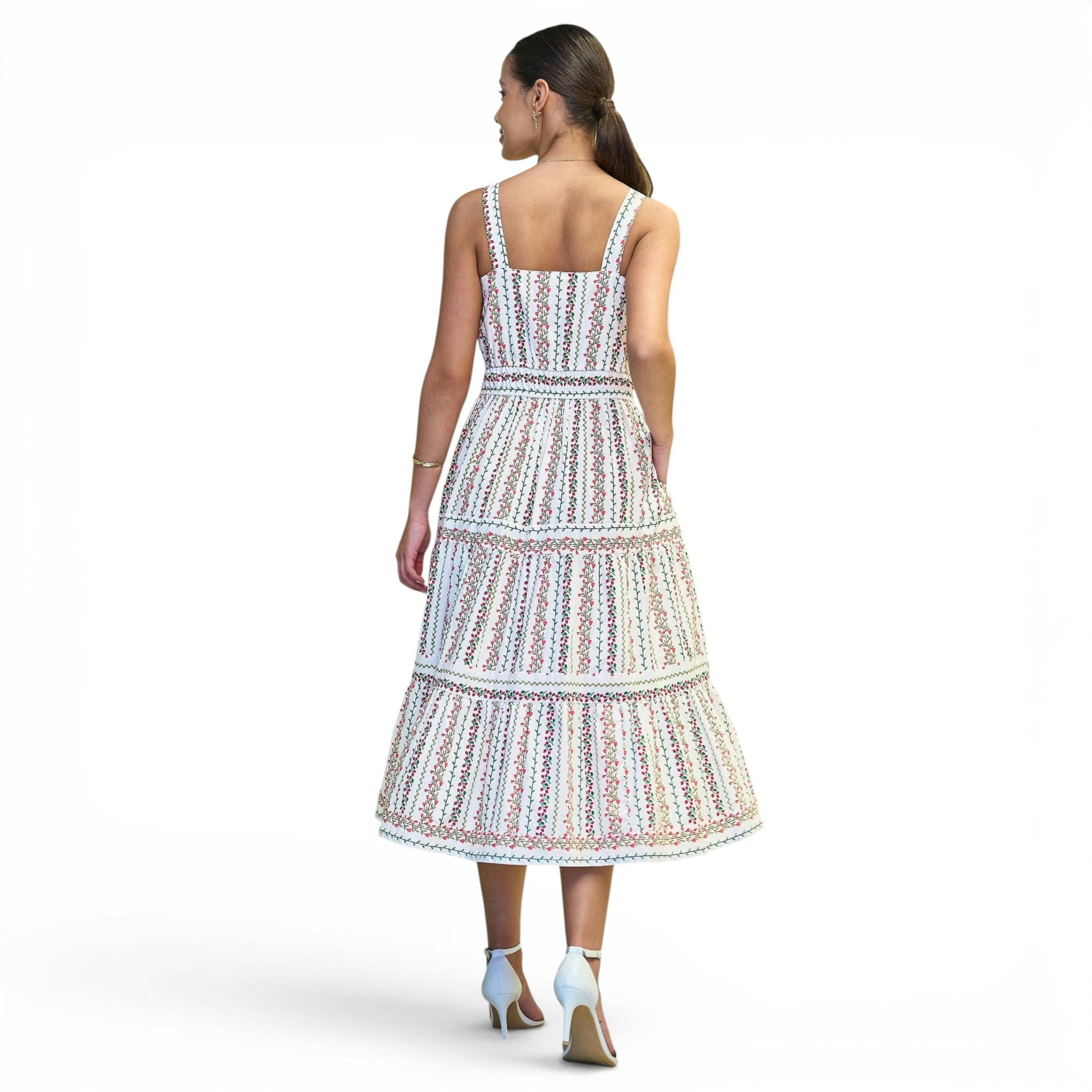 Yumi White Botanical Stripe Midi Dress With Lace Trims , view 5 of 6