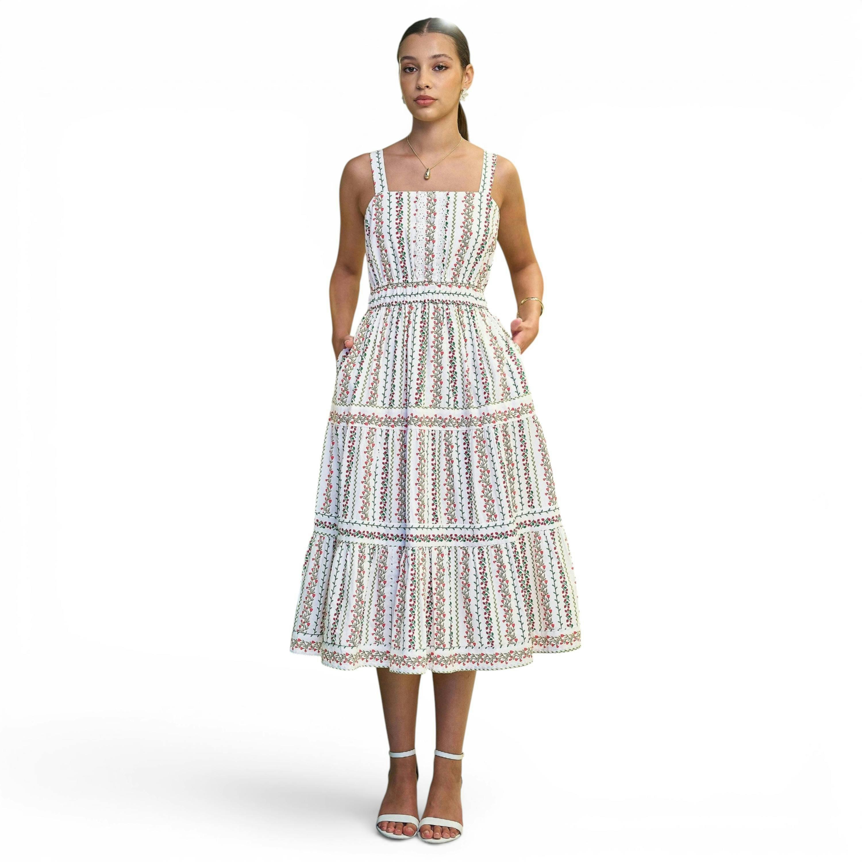 Yumi White Botanical Stripe Midi Dress With Lace Trims , view 6 of 6