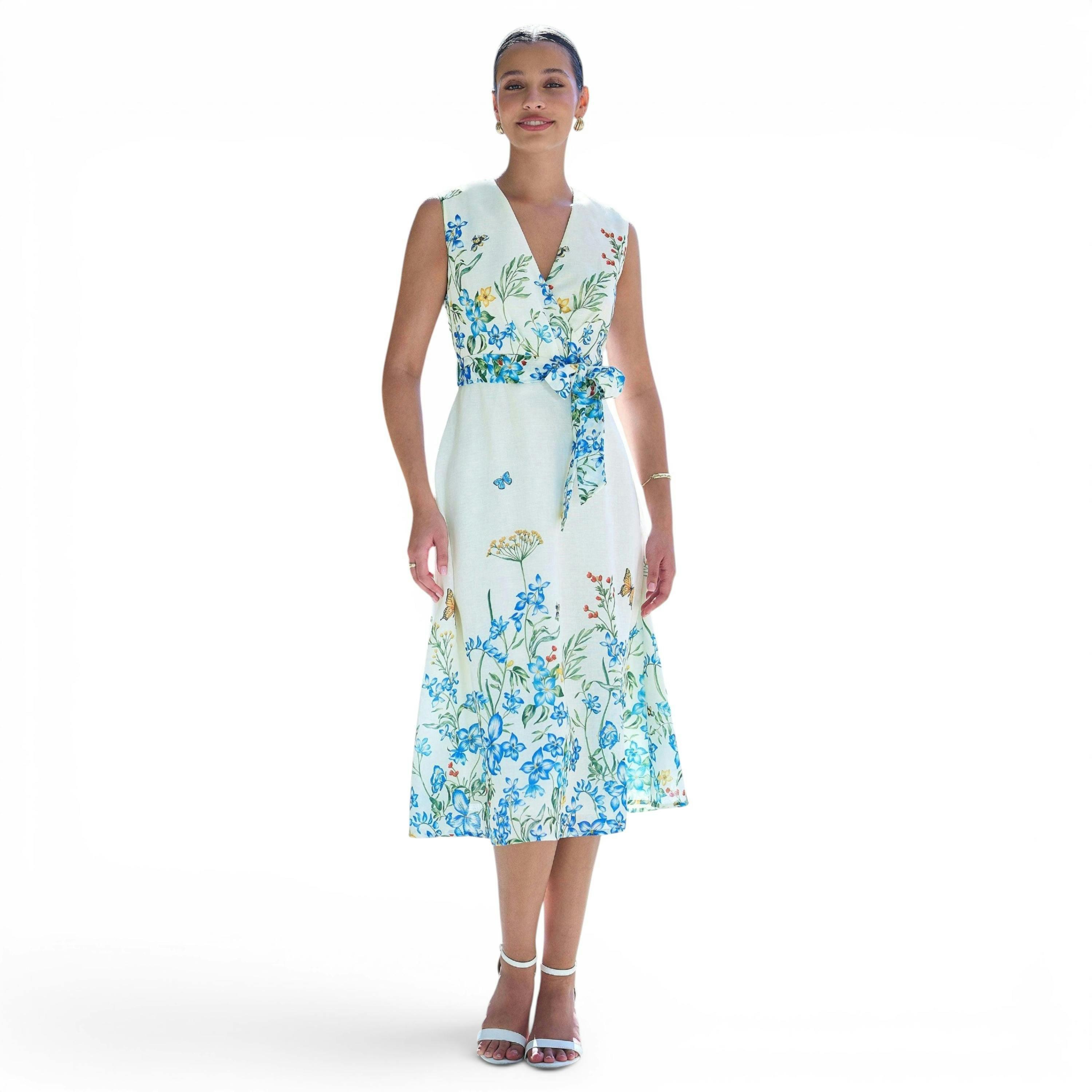 Yumi Ivory Butterfly Print Midi Wrap Dress , view 1 of 6