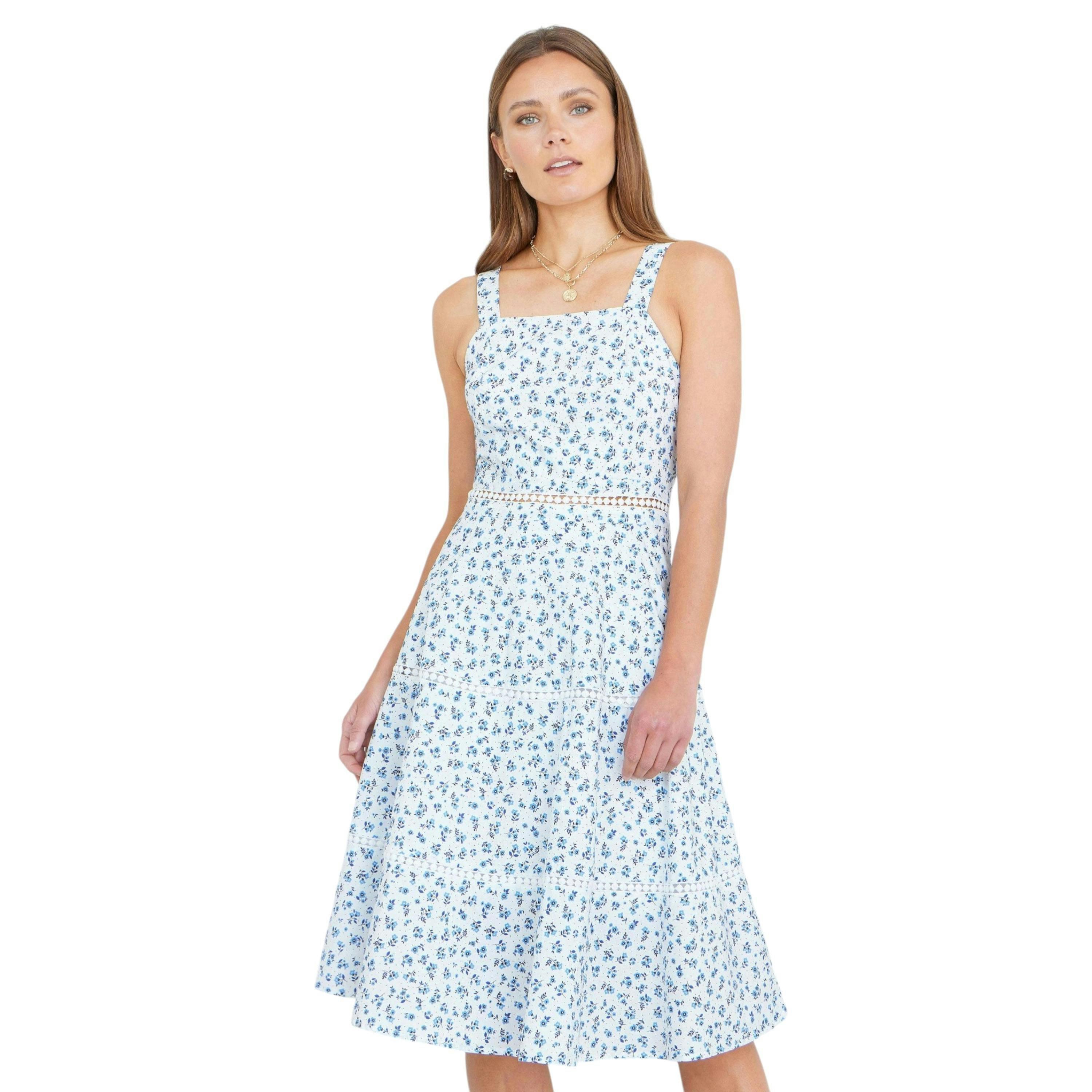 Yumi White Ditsy Floral Cotton Midi Sun Dress With Lace Trims , view 1 of 6