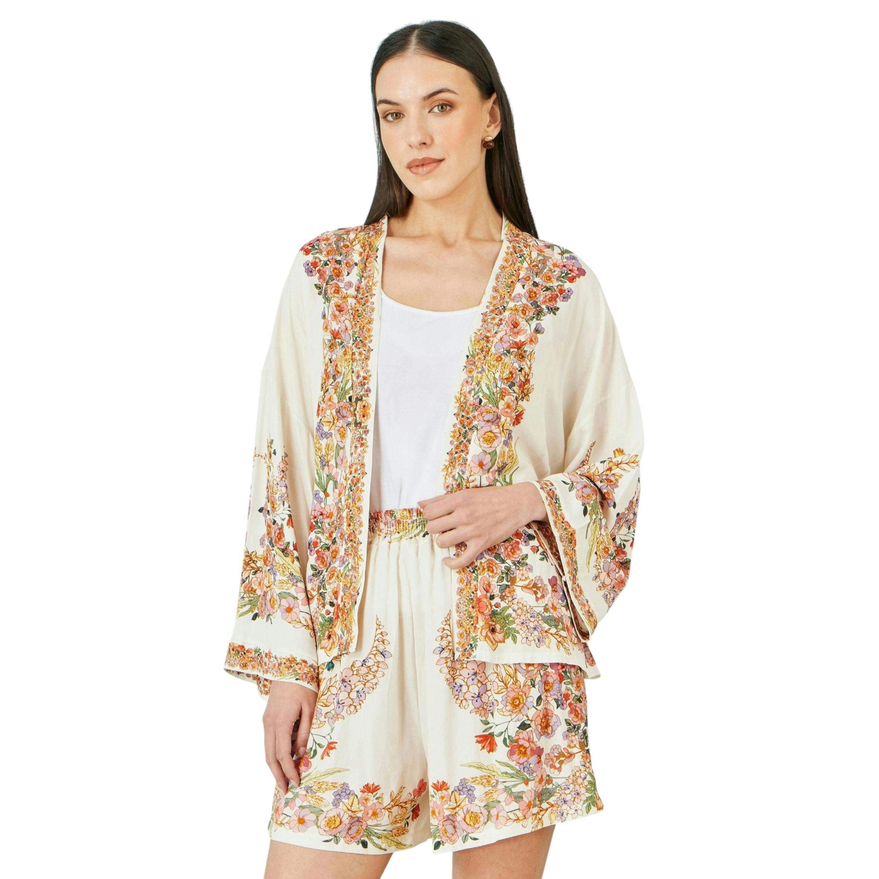 Yumi Ivory Viscose Floral Border Kimono With Tie Belt , view 1 of 6