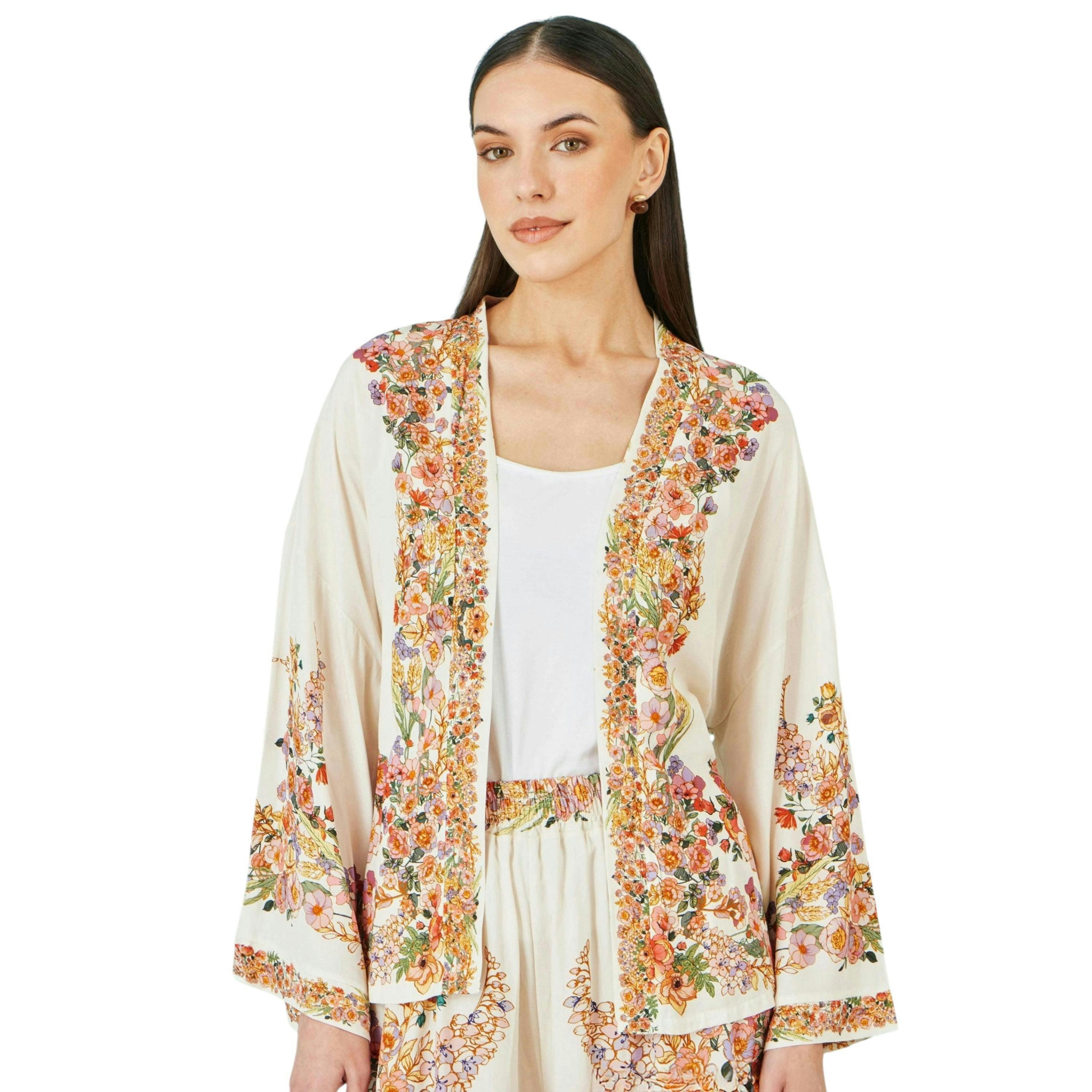 Yumi Ivory Viscose Floral Border Kimono With Tie Belt , view 3 of 6