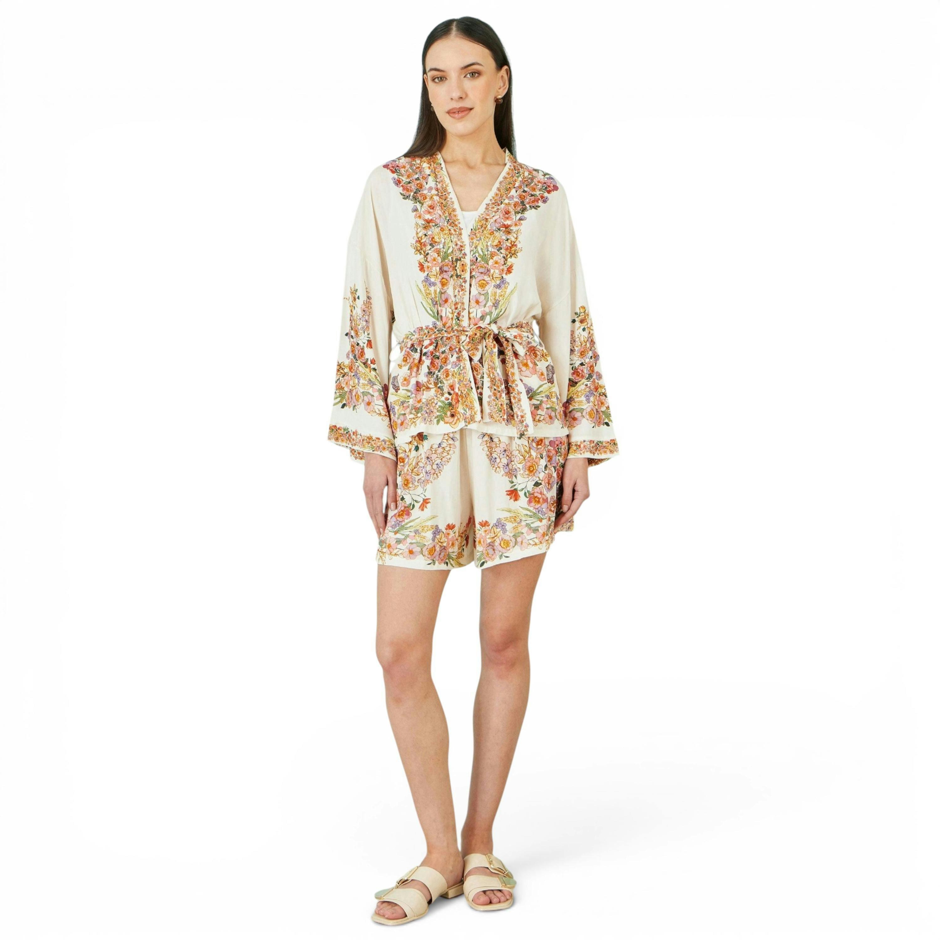 Yumi Ivory Viscose Floral Border Kimono With Tie Belt , view 4 of 6