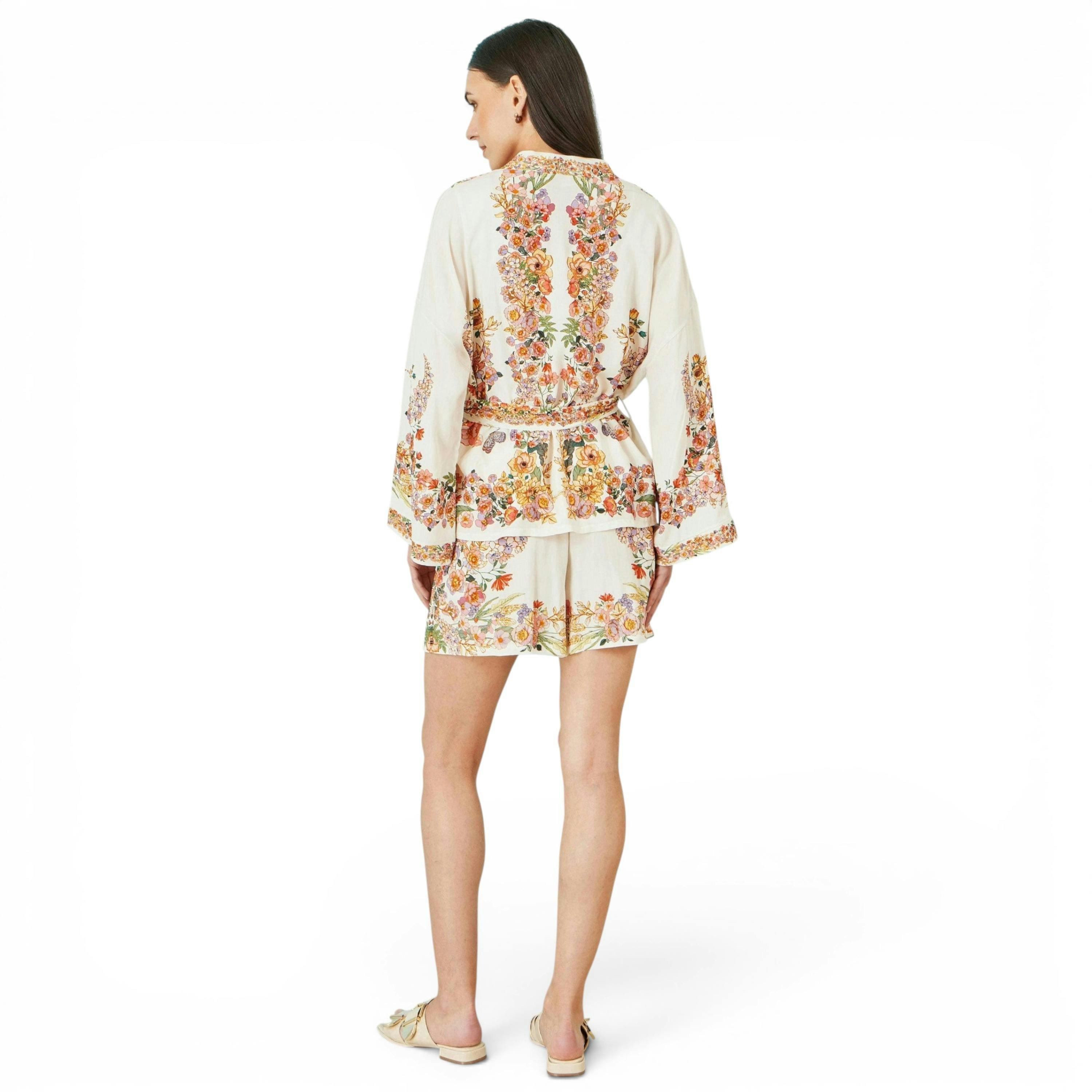 Yumi Ivory Viscose Floral Border Kimono With Tie Belt , view 5 of 6