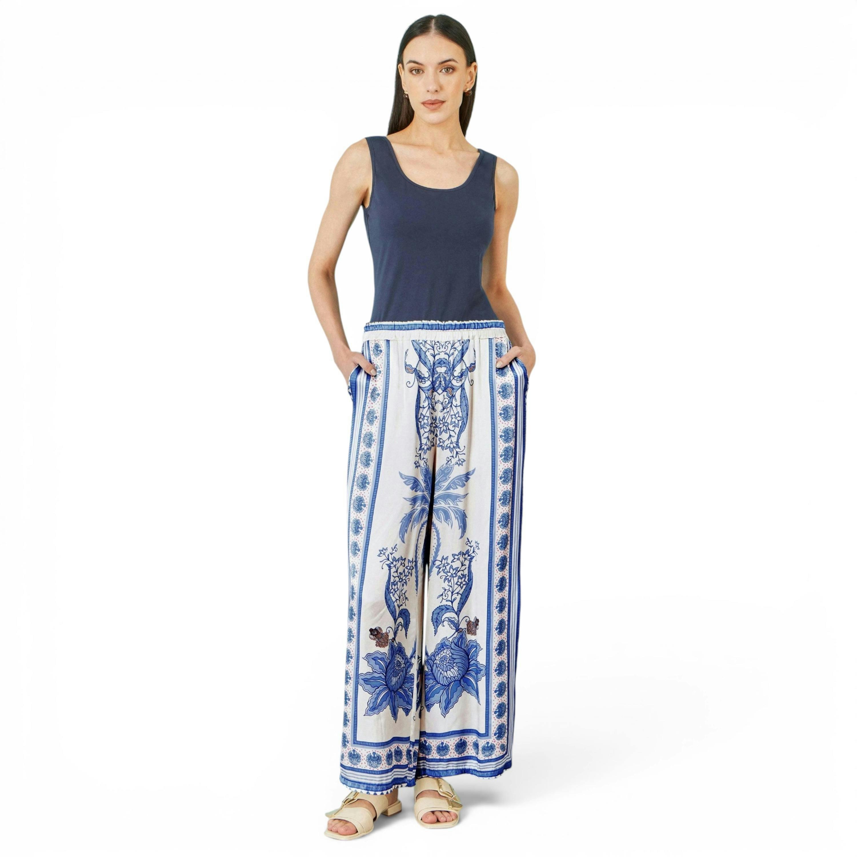 Yumi Blue Satin Print Placement Relaxed Trousers , view 1 of 4