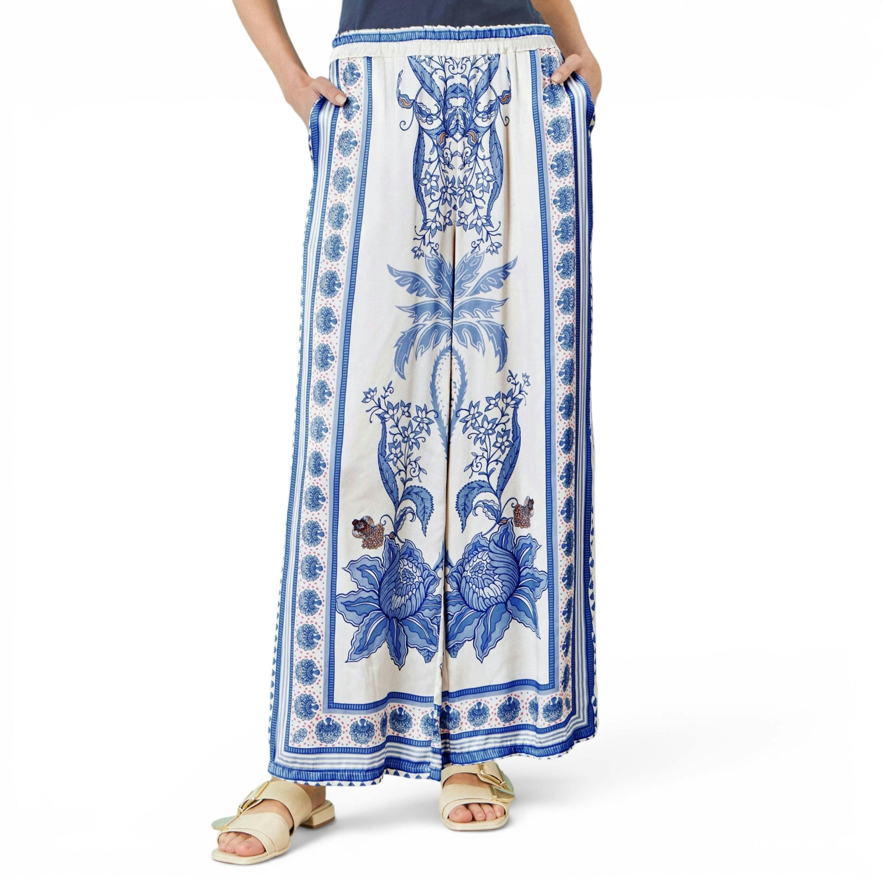 Yumi Blue Satin Print Placement Relaxed Trousers , view 2 of 4