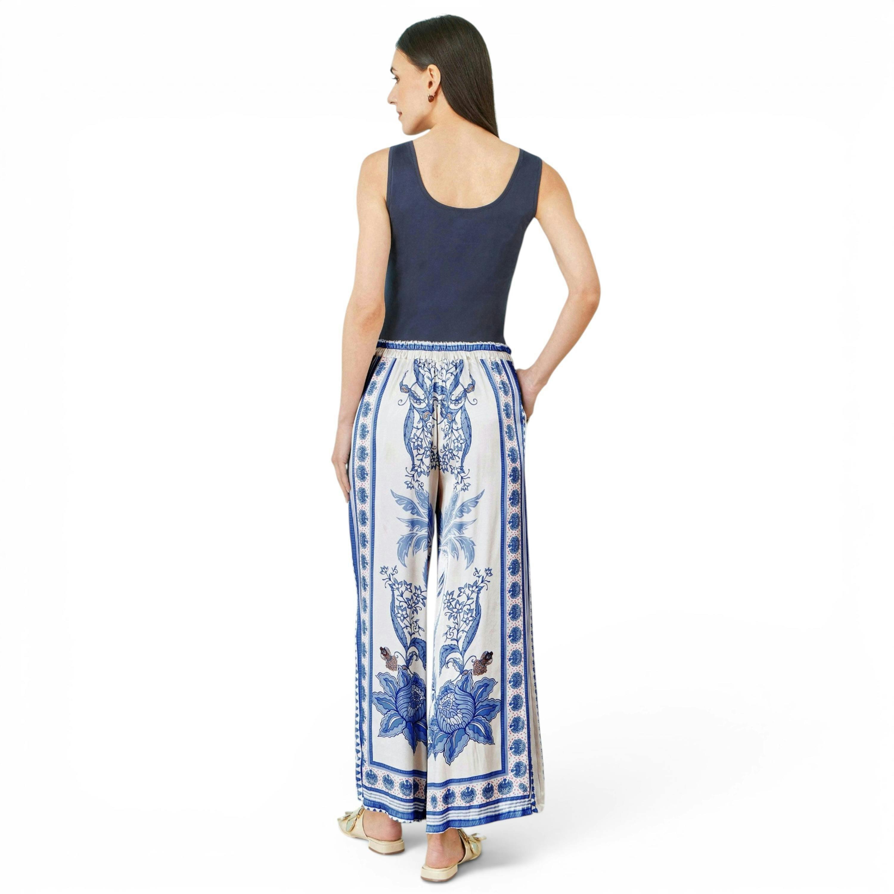 Yumi Blue Satin Print Placement Relaxed Trousers , view 3 of 4