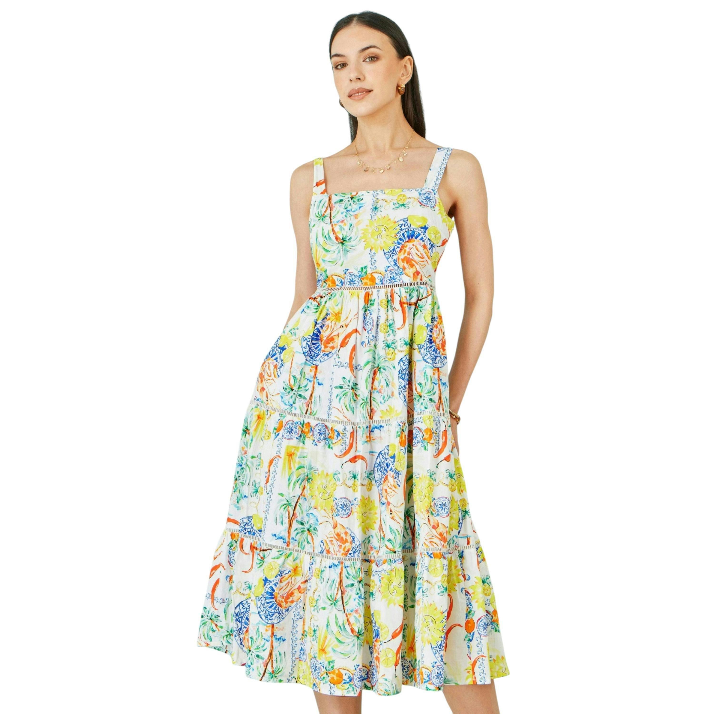 Yumi White Mediterranean Print Cotton Midi Sun Dress , view 1 of 6