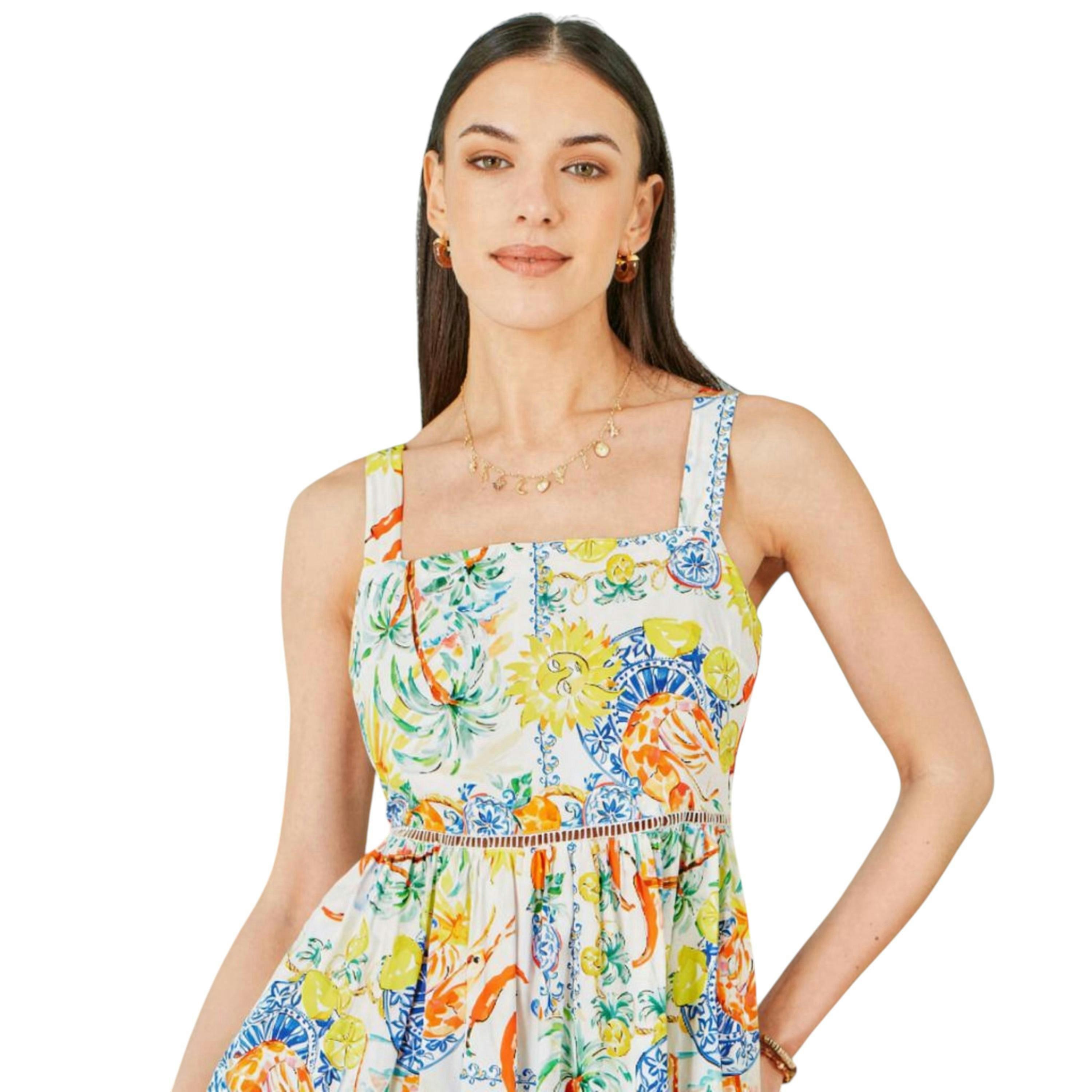 Yumi White Mediterranean Print Cotton Midi Sun Dress , view 2 of 6