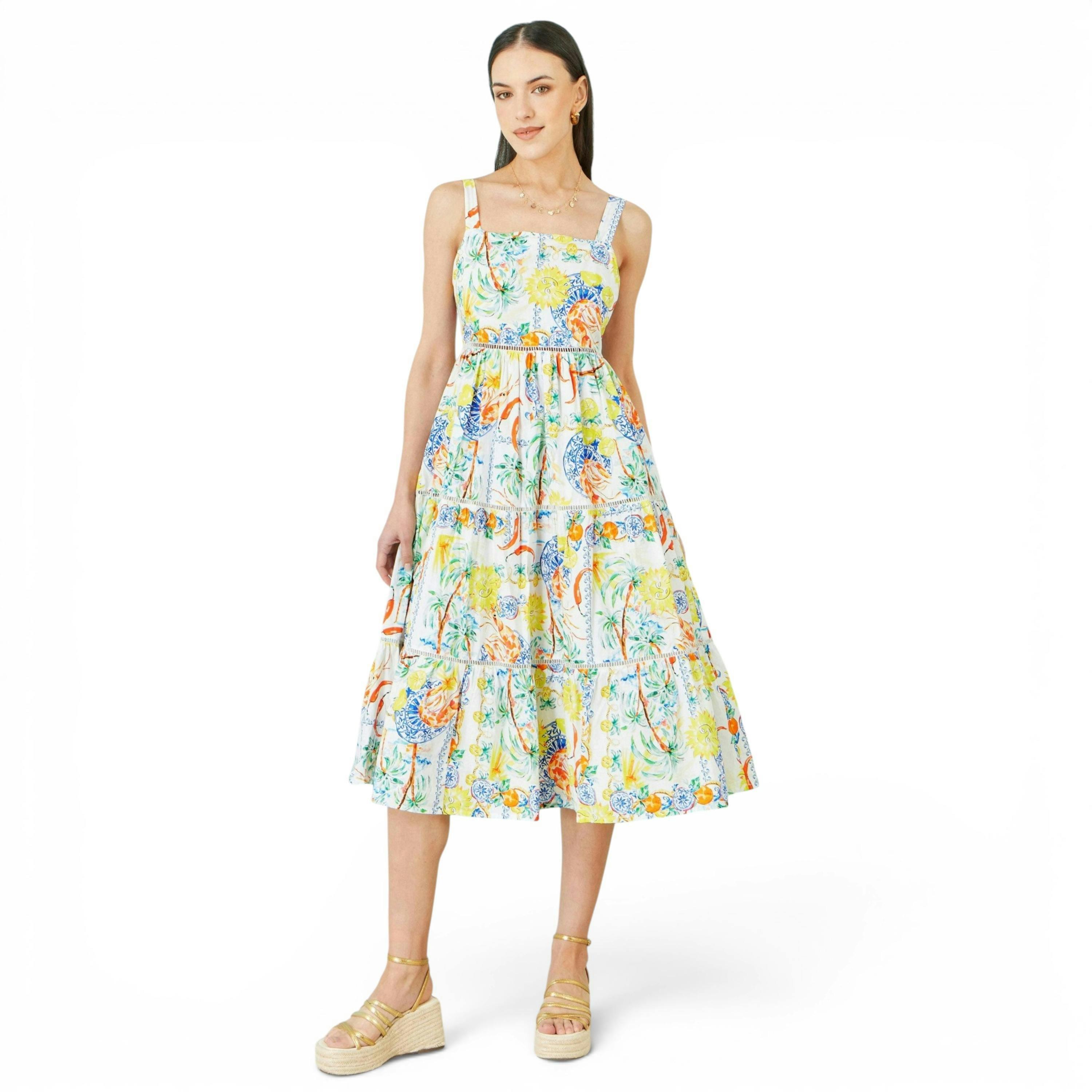Yumi White Mediterranean Print Cotton Midi Sun Dress , view 3 of 6