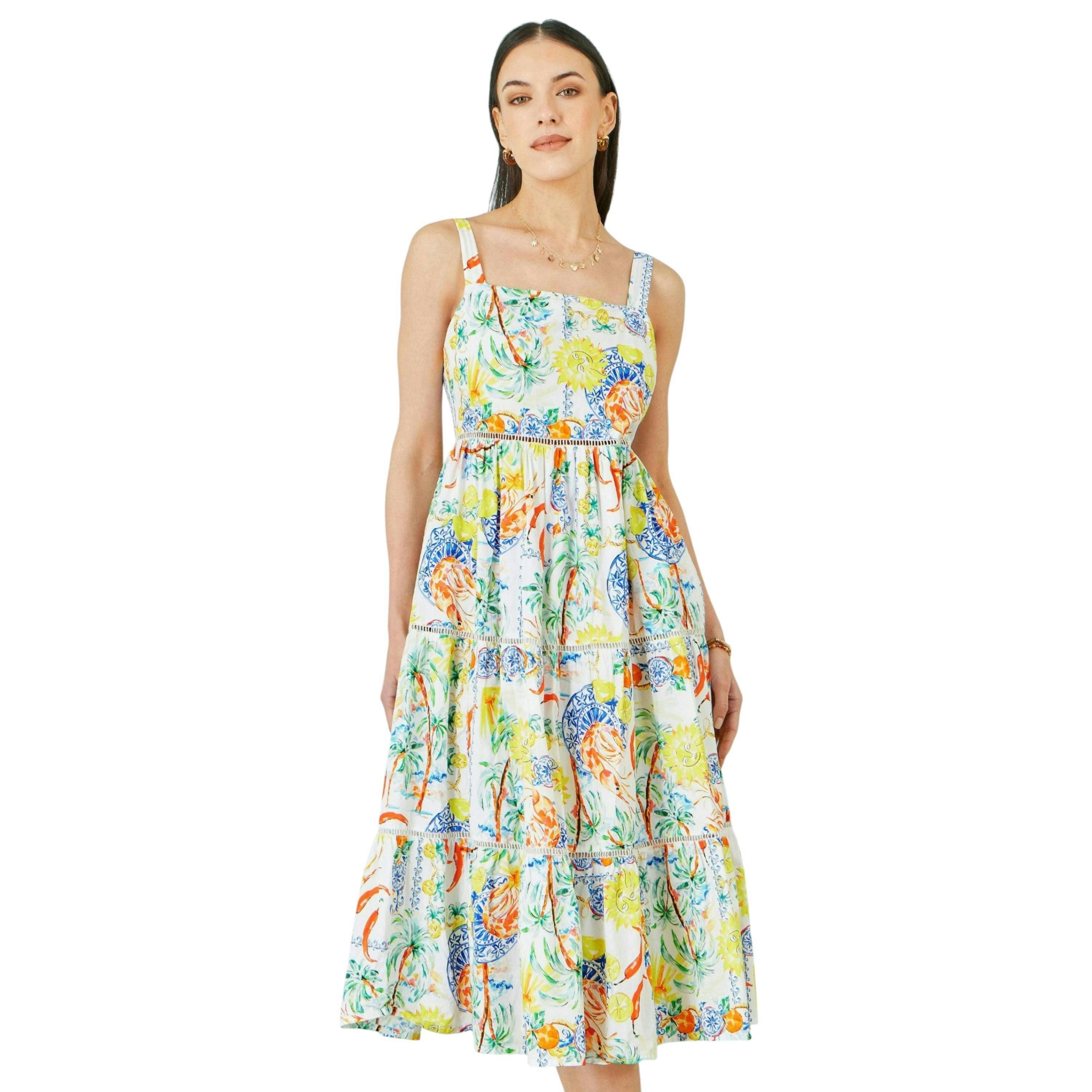 Yumi White Mediterranean Print Cotton Midi Sun Dress , view 4 of 6
