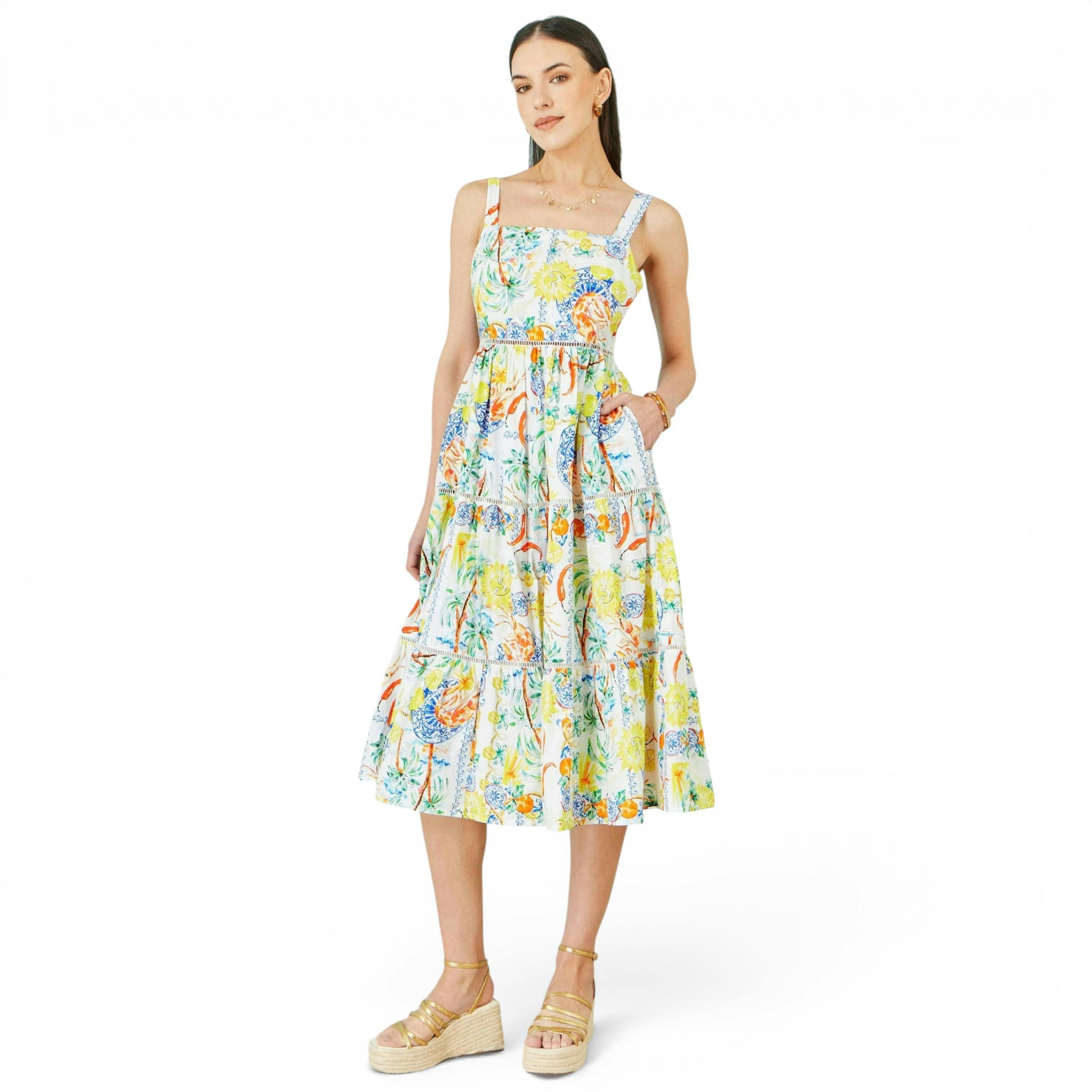 Yumi White Mediterranean Print Cotton Midi Sun Dress , view 6 of 6