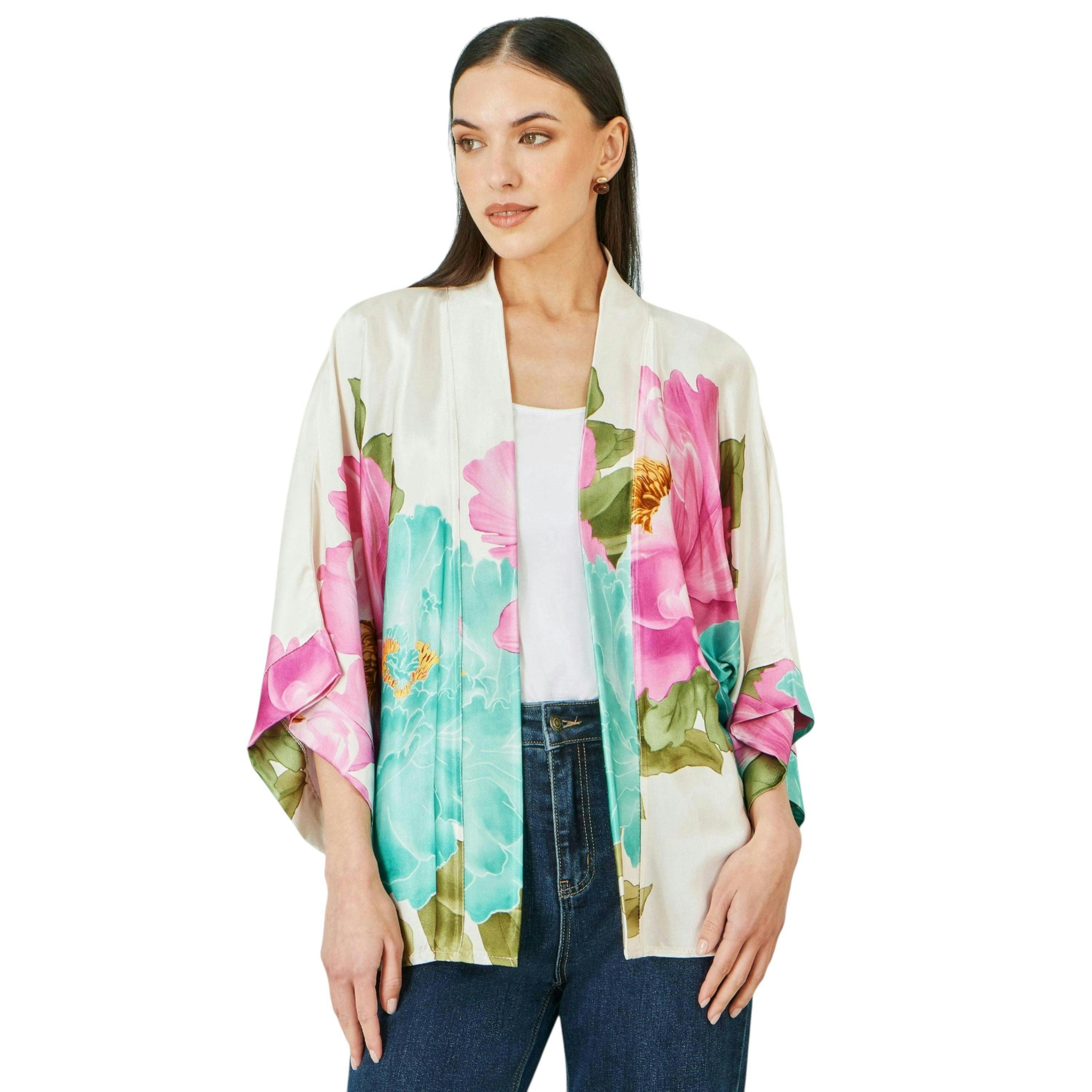 Yumi Ivory Floral Print Relaxed Kimono , view 1 of 6